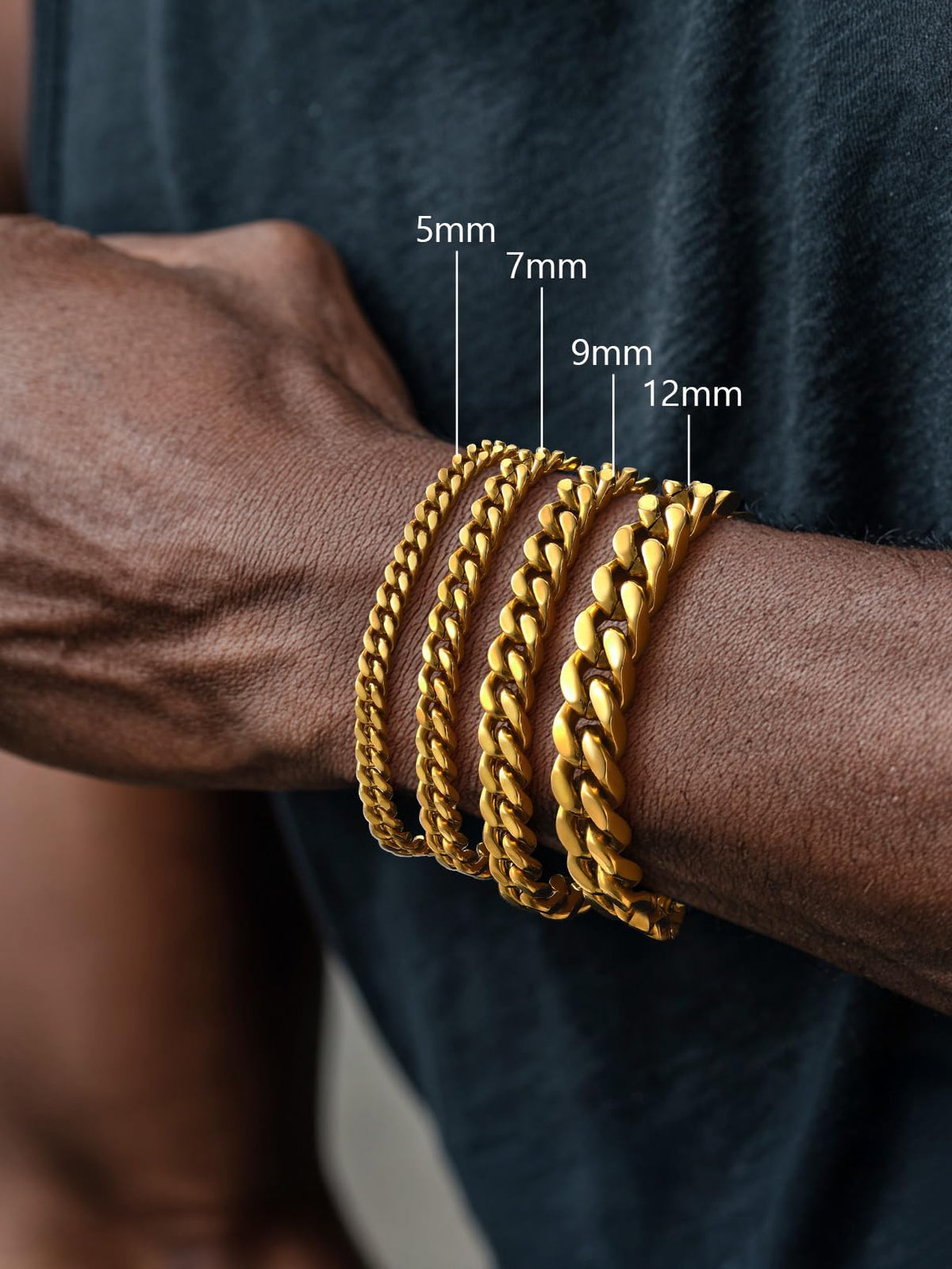 FaithHeart Stainless Steel Cuban Link Bracelet for Men, 5/7/9/12mm Width – close-up detail in Gold-09mm Width