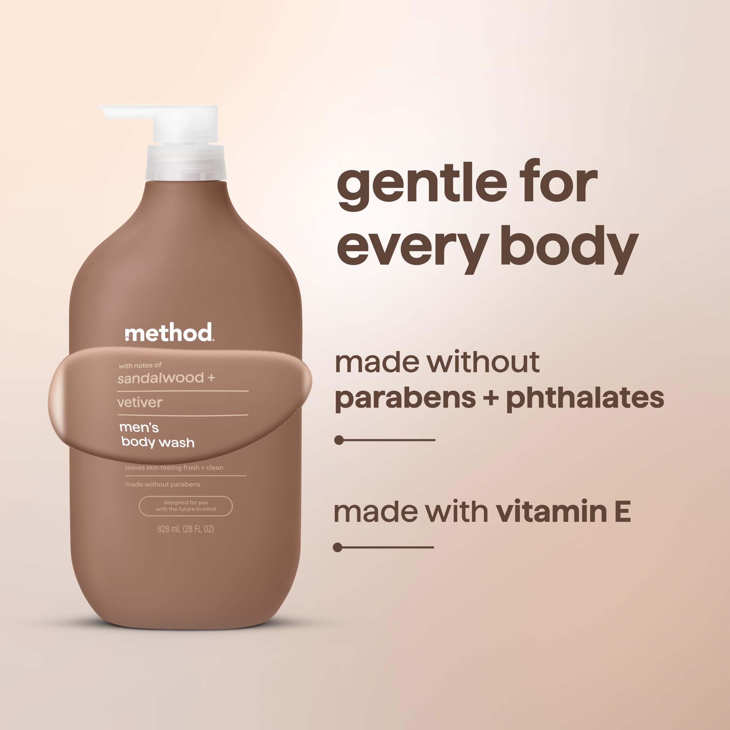 Method men's body wash with sandalwood and vetiver scent in a 28 fl oz bottle, skin cleaning agent with natural fragrance.