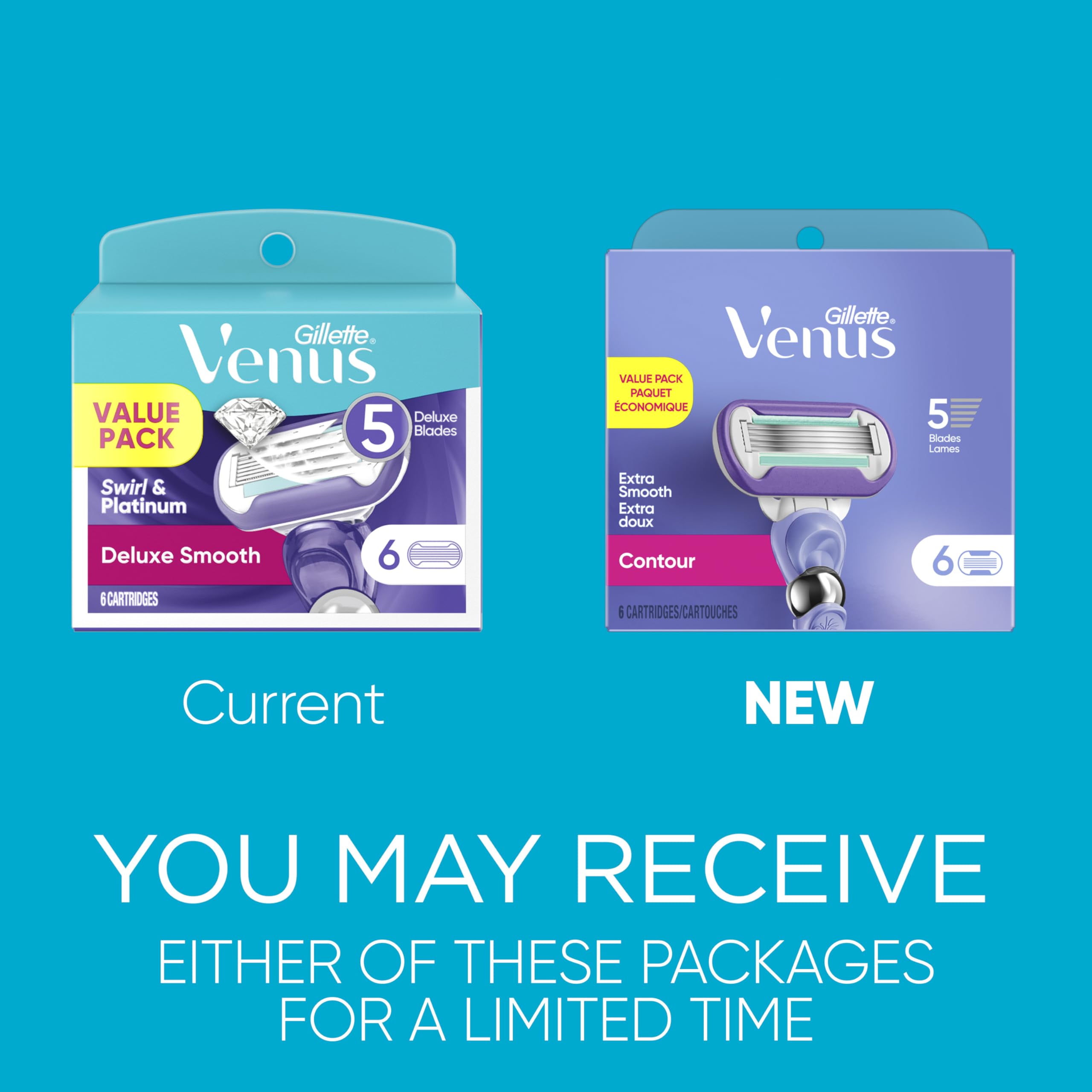 Gillette Venus Deluxe Smooth Swirl razor blade cartridges, 6-pack, featuring multi-blade design for a close, smooth shave.