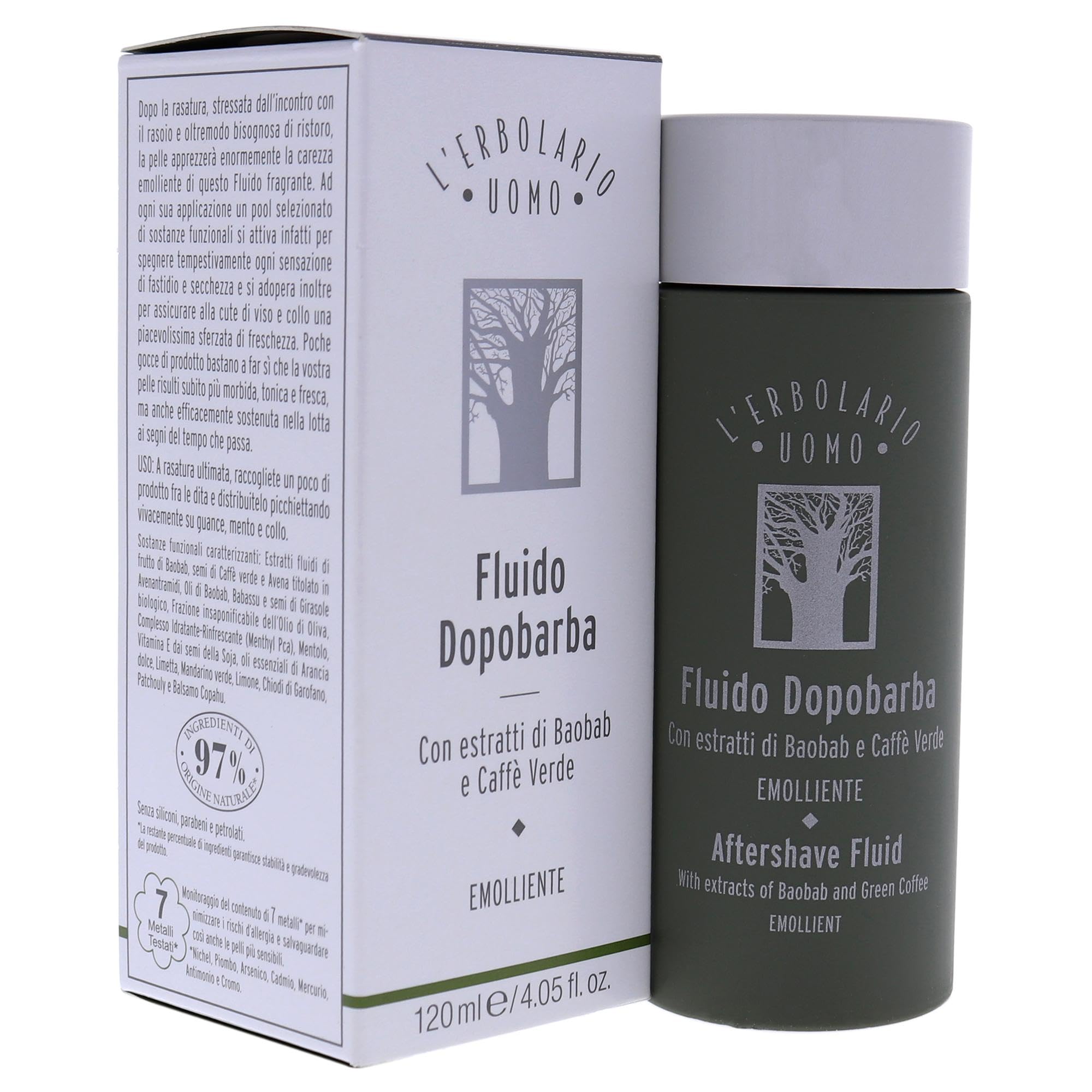 L'Erbolario Baobab and Green Coffee aftershave fluid for men, 4.05 oz, soothing redness, discomfort, and dryness after shaving.