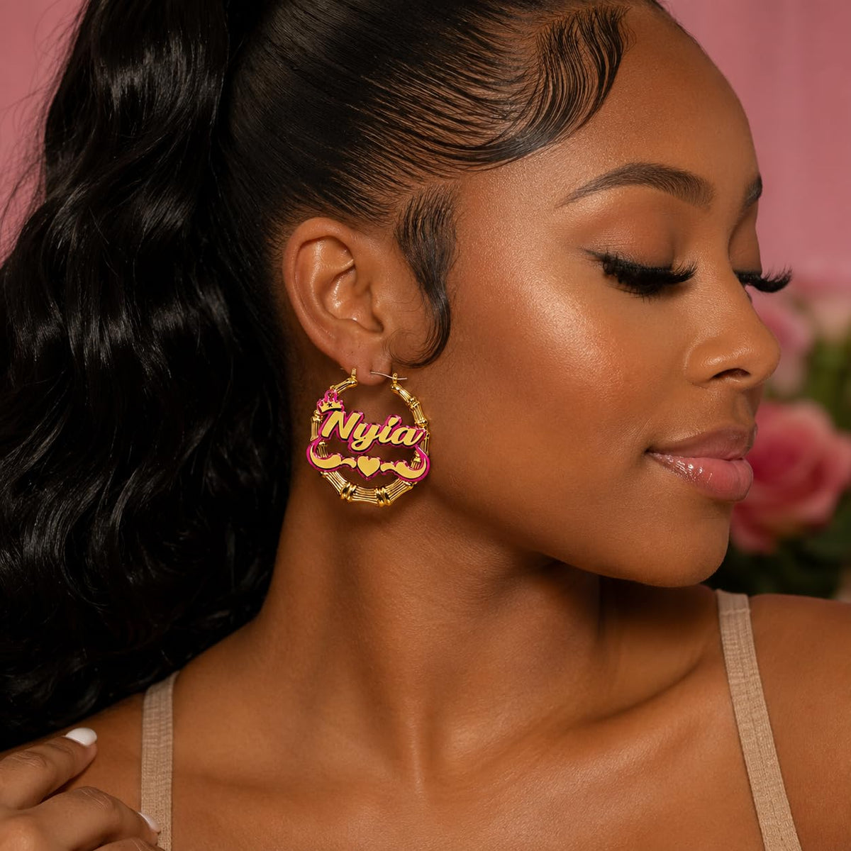 MIRROR MANIA Personalized Name Necklace & Bamboo Hoop Earrings Set | Custom Gold Nameplate Jewelry with Swirls, Heart & 