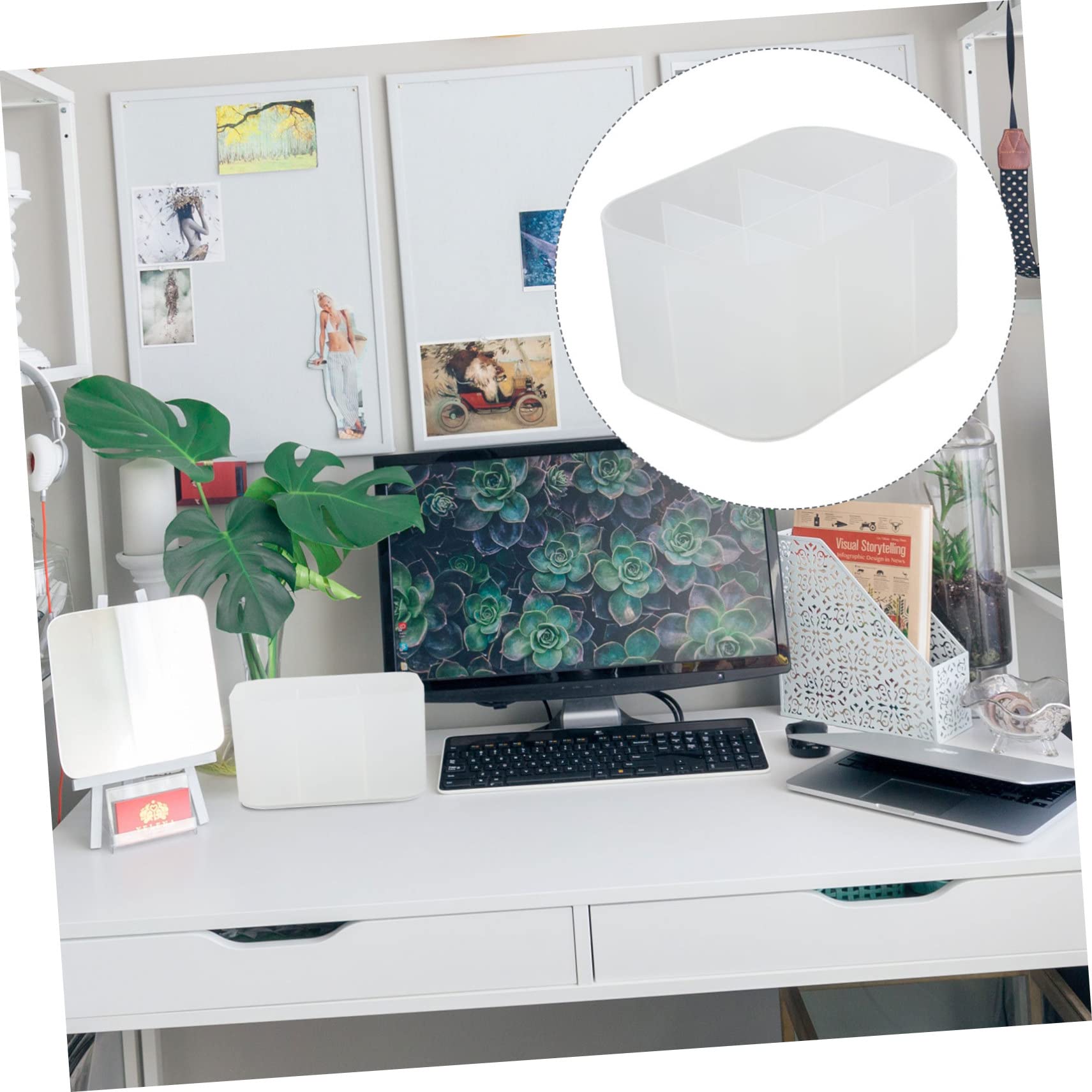 White PAMINGONO nail art tools caddy with six slots for pens, brushes, and nail decor storage on a desktop.