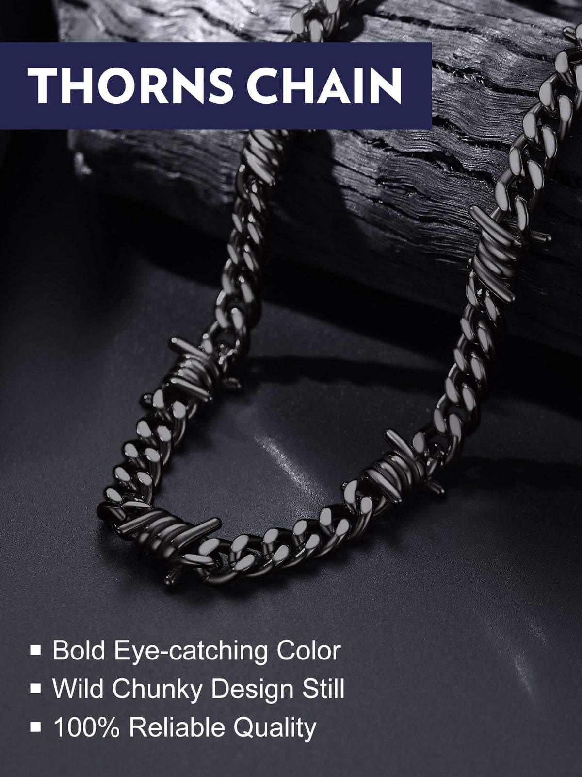 Bandmax Stainless Steel Barbed Wire Cuban Chain Necklace for Men & Women – close-up detail in A2 9MM-Black