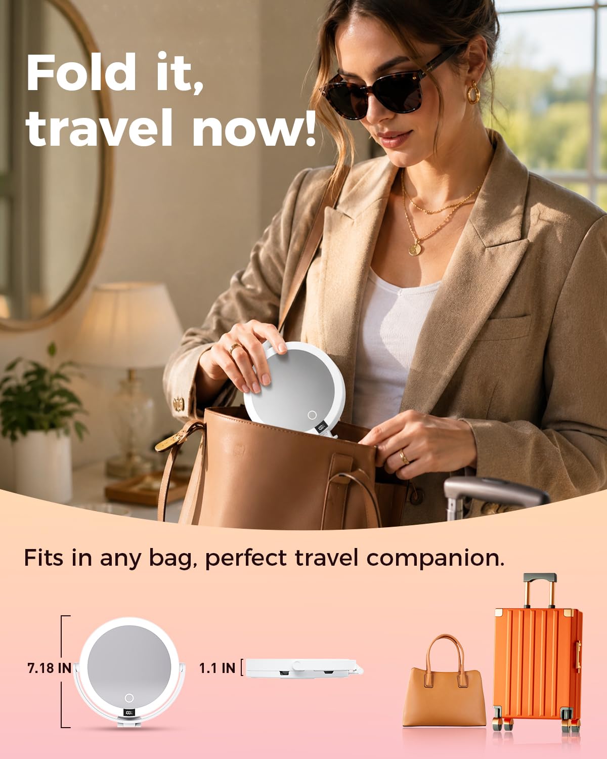 VEXOOX Foldable Travel Makeup Mirror with Light and Magnification, White – White-b, Plastic