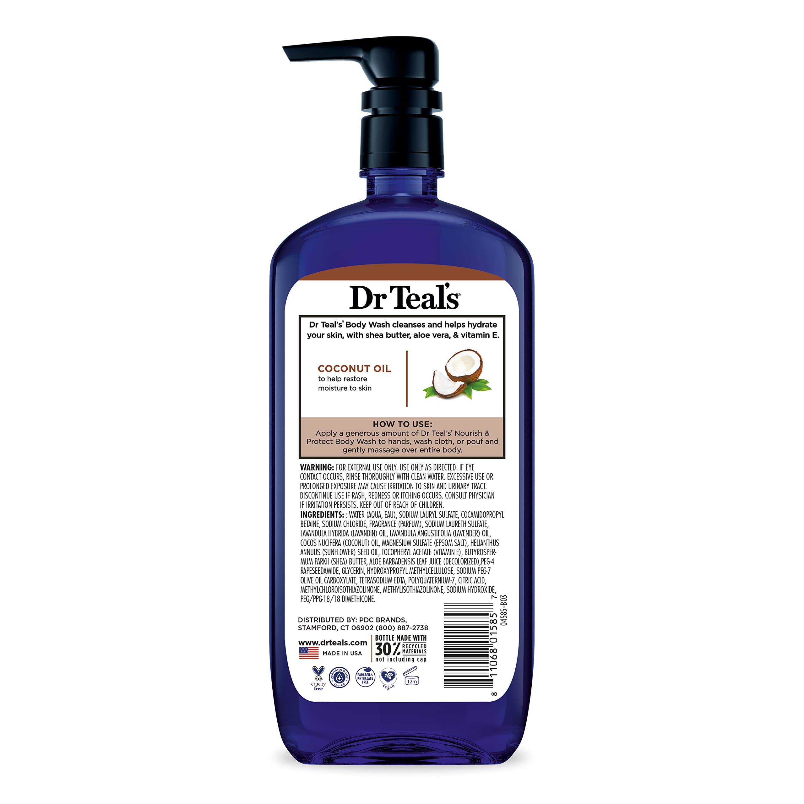 Dr Teal's body wash with Epsom salt and coconut oil in a 24 fl oz bottle, shown in a pack of four, for skin cleansing.