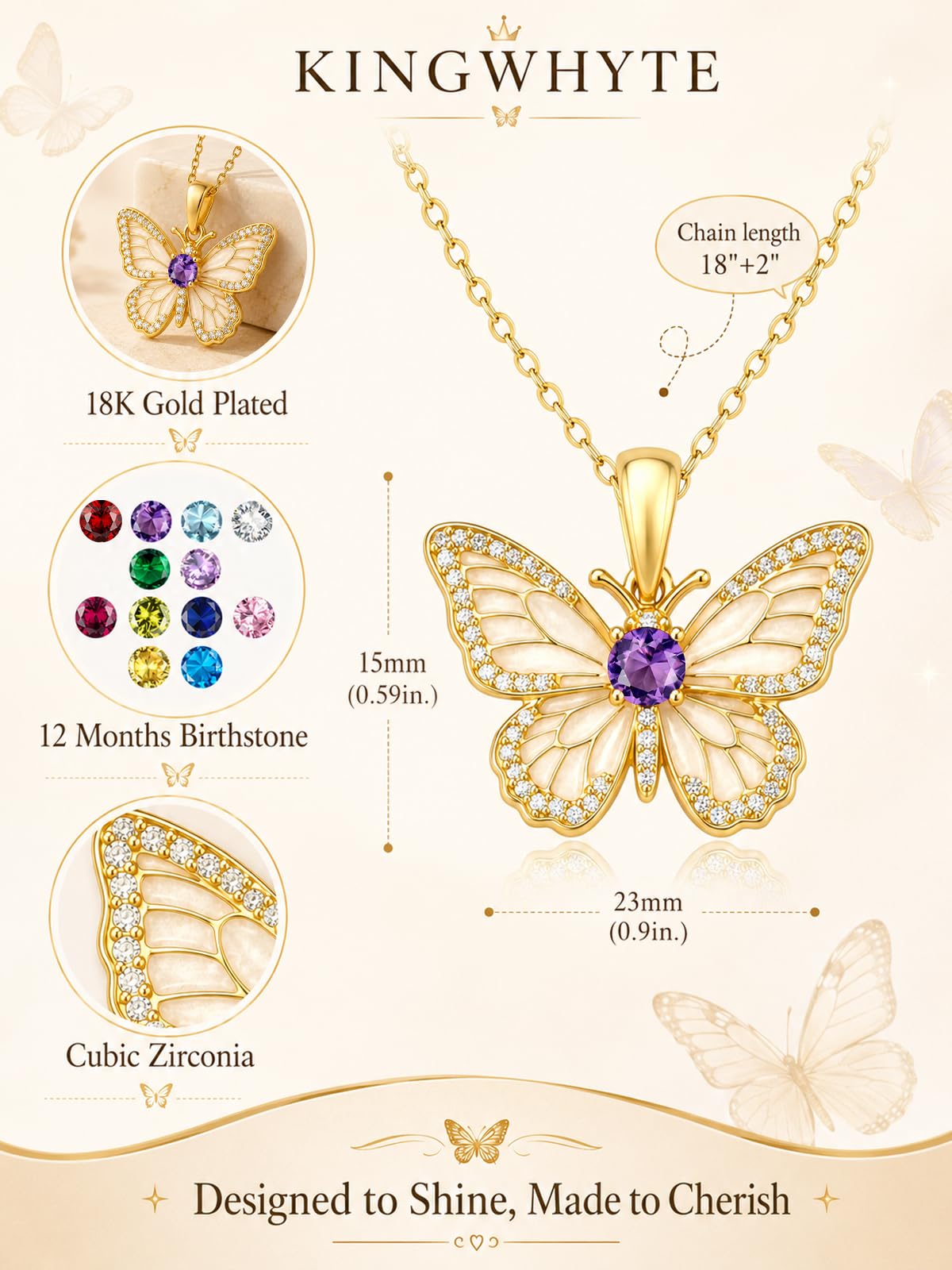 KINGWHYTE Birthstone Butterfly Necklace 925 Sterling Silver for Women – full view, size 23mm*15mm