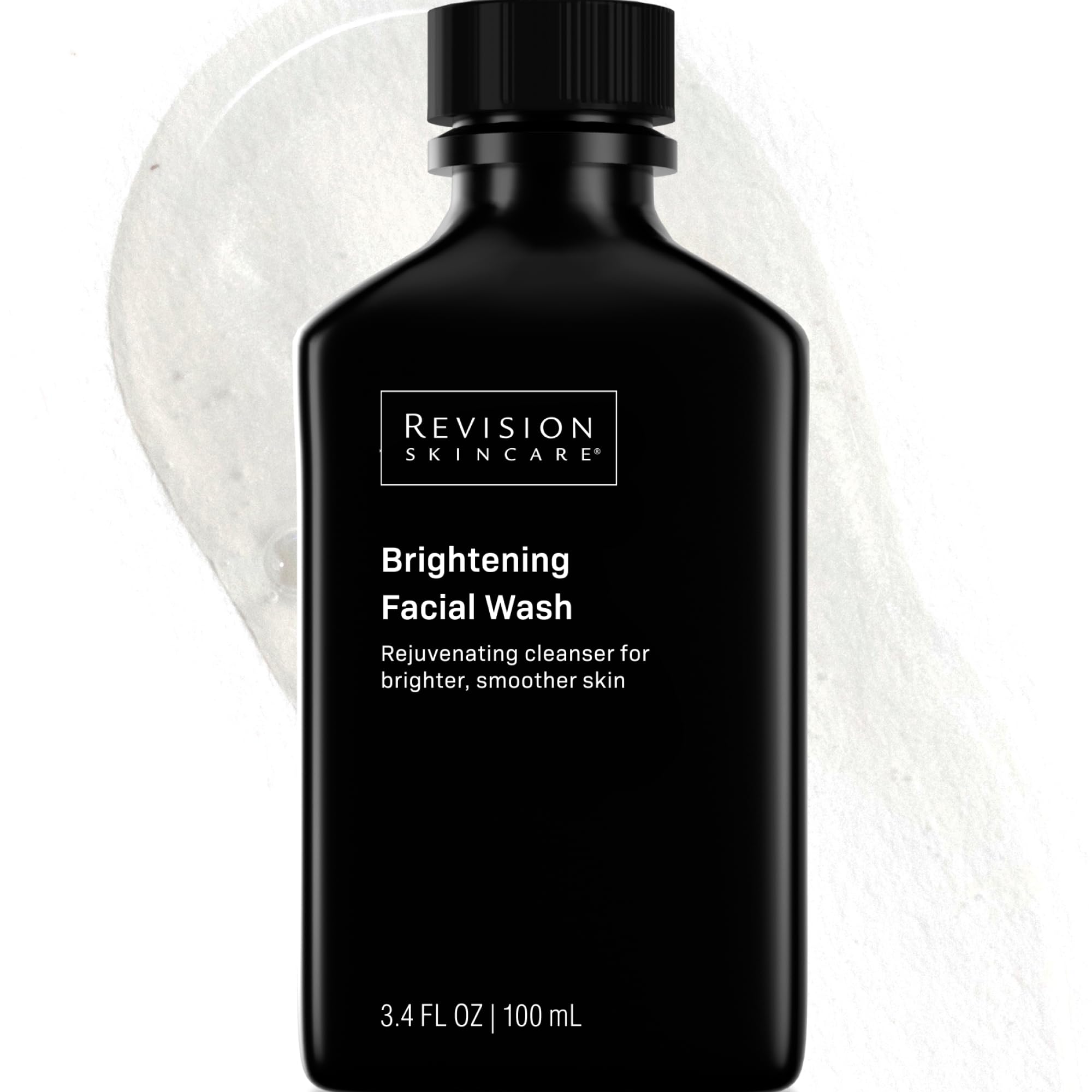 Revision Skincare Brightening Face Wash with AHA and BHA exfoliants, shown in a clear bottle with a pump dispenser.
