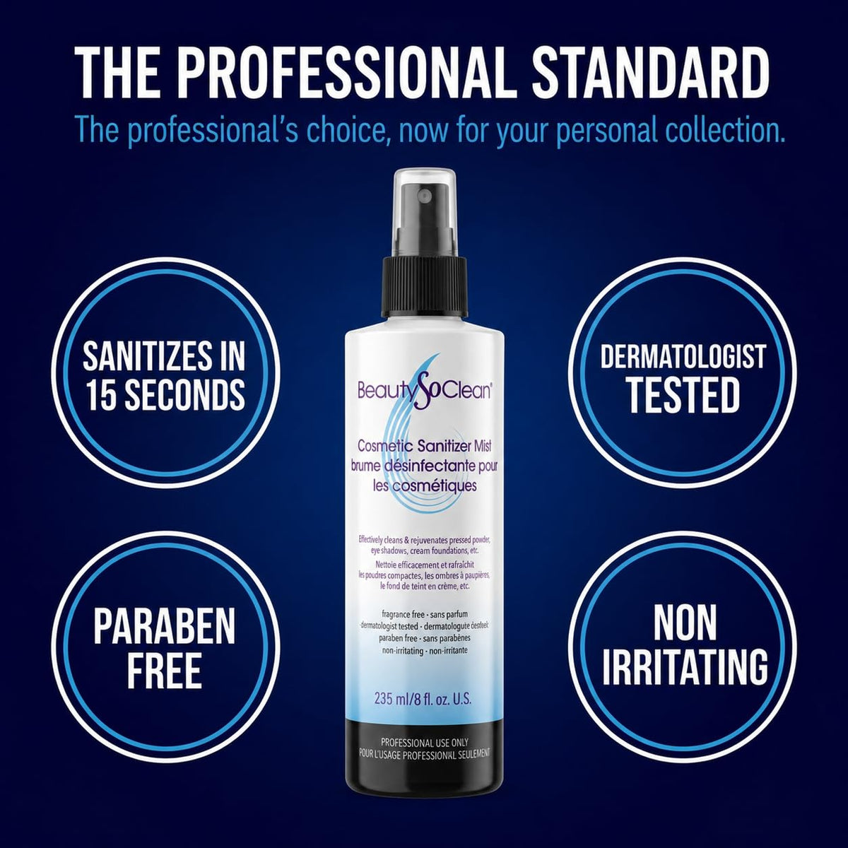 Beautysoclean Cosmetic Sanitizer Mist - (8.0 oz.) Makeup Sanitizing Spray for Powder-based Makeup Palettes & Pressed Cre