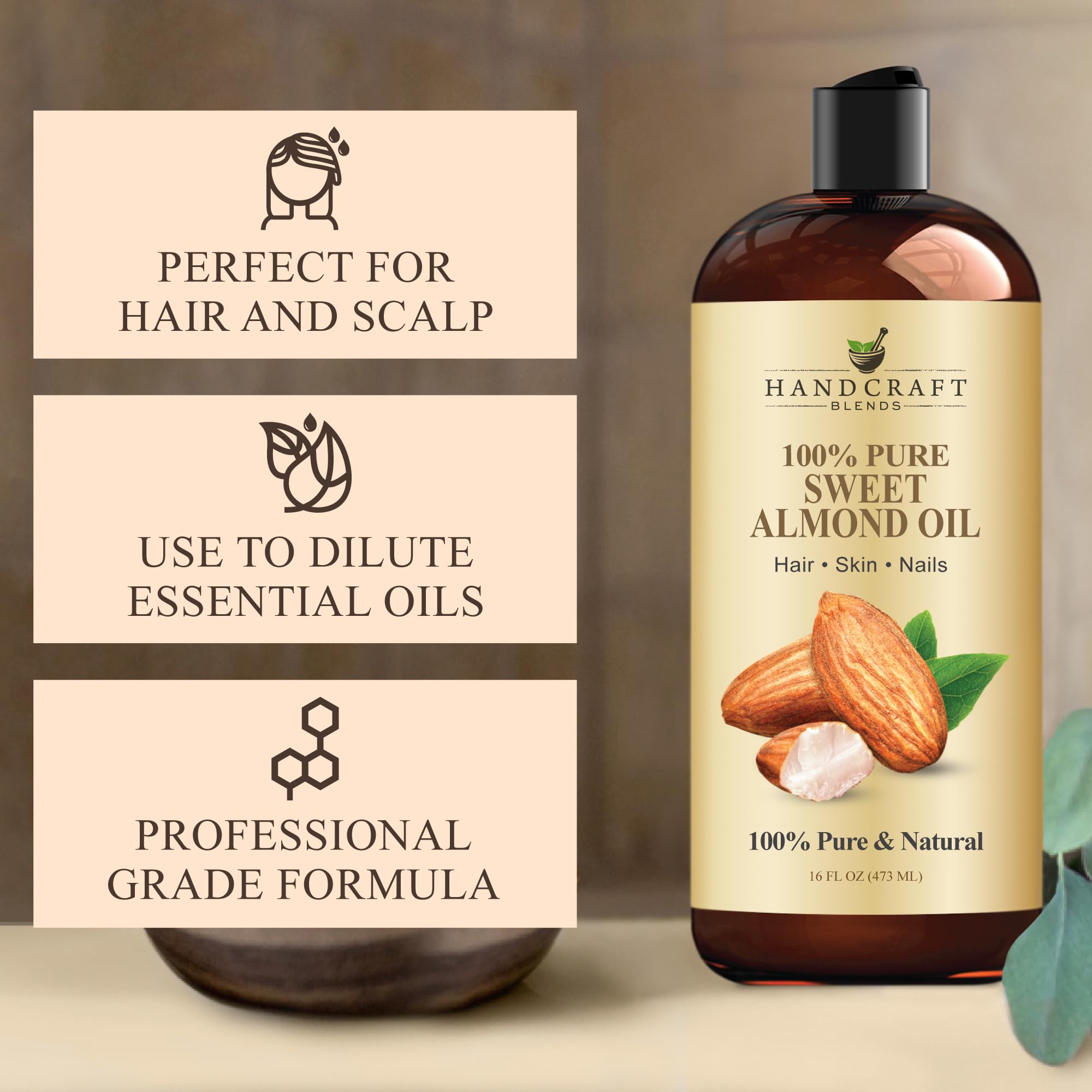 Handcraft Blends 16oz bottle of 100% pure Sweet Almond Oil, a natural carrier oil suitable for bathwater additives.