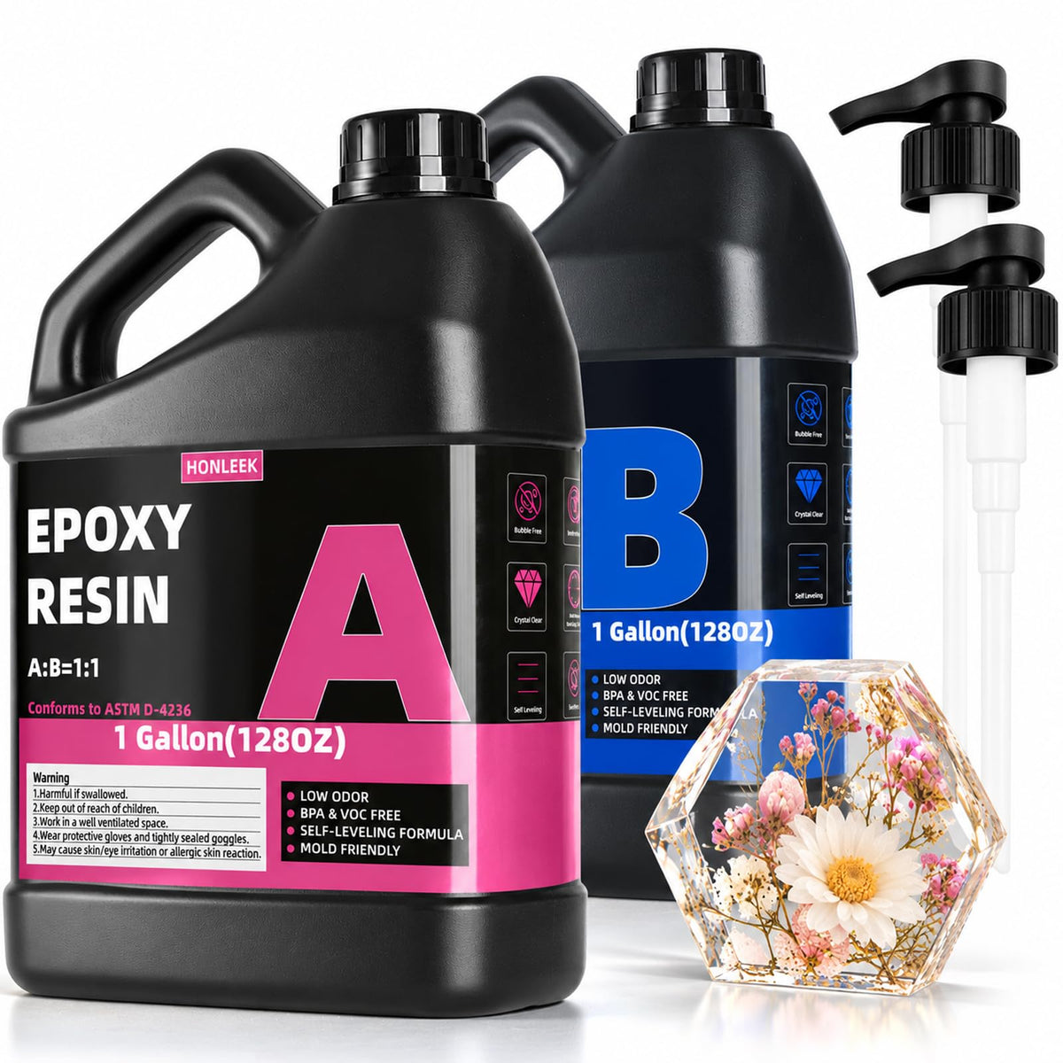 Honleek 2 Gallon Crystal Clear Epoxy Resin Kit - Not-Yellowing No-Bubble, Self Leveling Easy Pour - 1:1 Ratio High Gloss