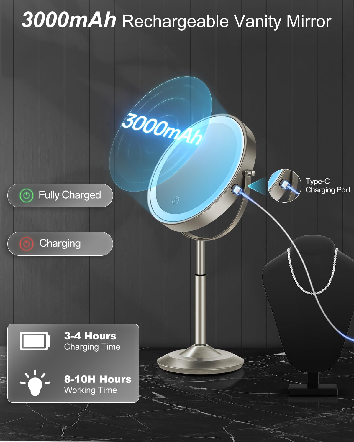 vpu 8" Lighted Makeup Mirror with Light,30X Magnifying Height Adjustable Mirror – back view and specifications