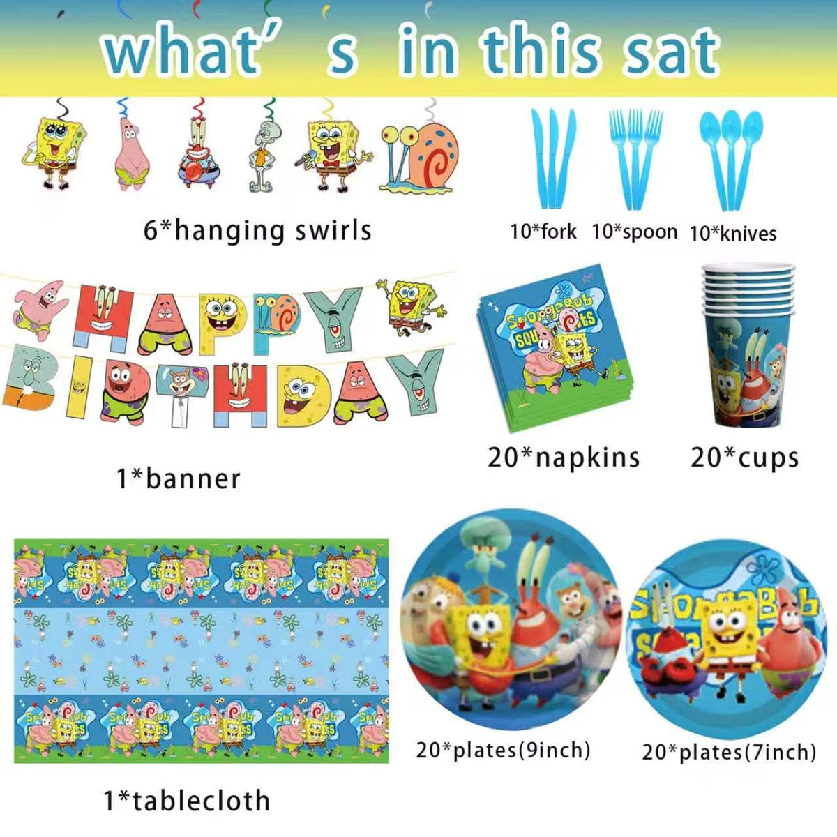 ZyNolimt 118 Pcs SpongeBob Birthday Party Supplies Set, anime Theme: 1Banner, 20Cups, 6Hanging Swirls, 30(Spoons+Forks+K