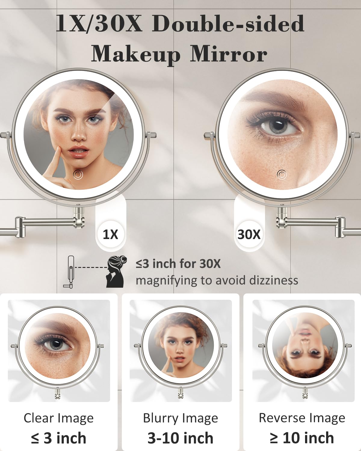 VFD 9'' 30X/1X Wall Mounted Height Adjustable Lighted Magnifying Makeup Mirror – full view