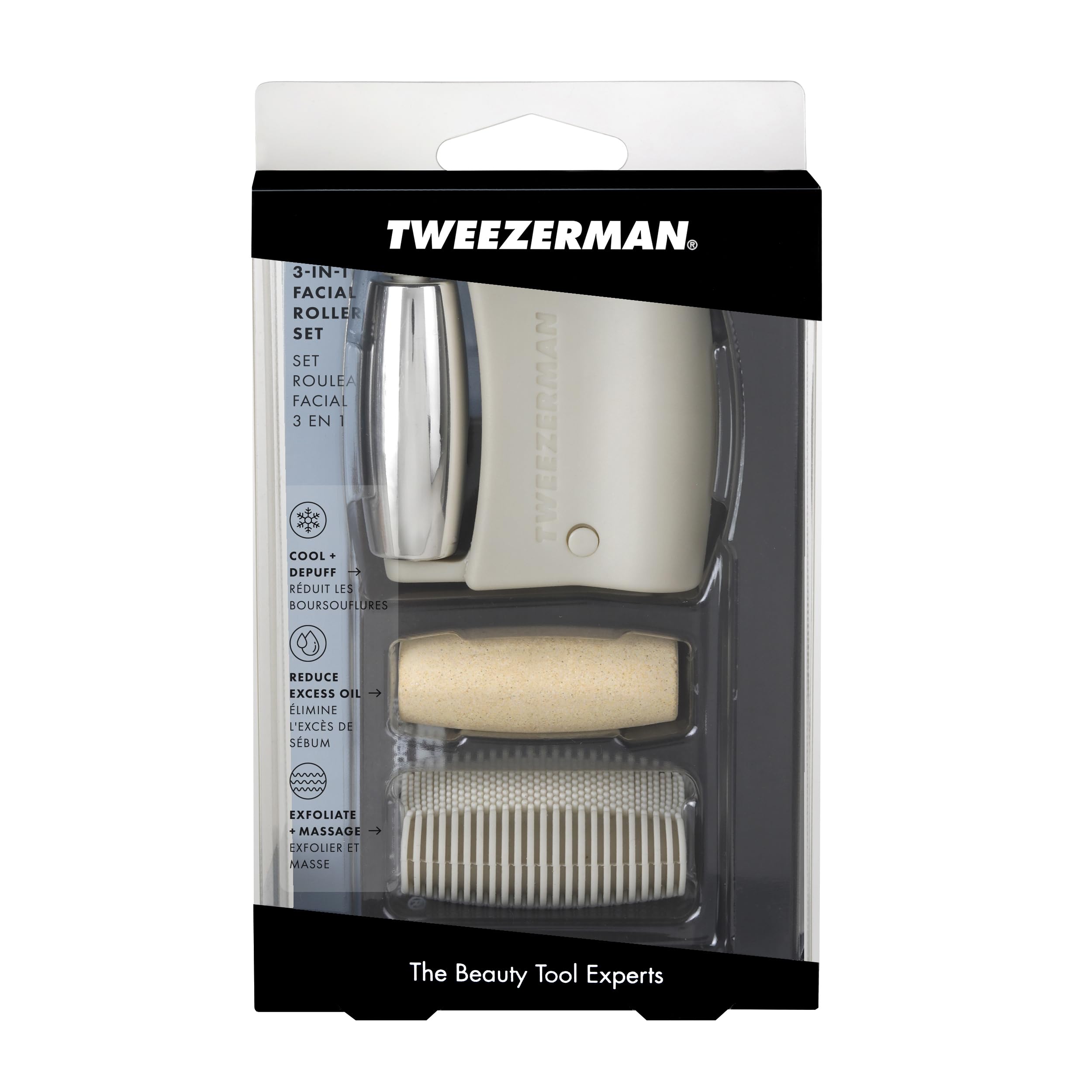 Tweezerman 3-in-1 facial roller set with multiple massagers for skincare, featuring smooth rolling surfaces and ergonomic handles.
