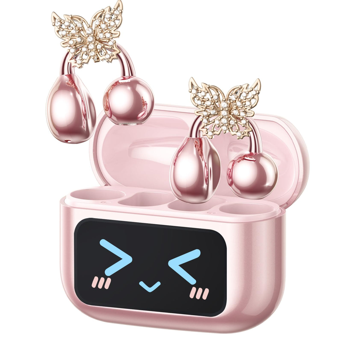 PAXA Stylish Clip On Earbuds with Removable Gold Butterfly Earring, Open Ear Earbuds with LCD Touch Screen, Fashionables
