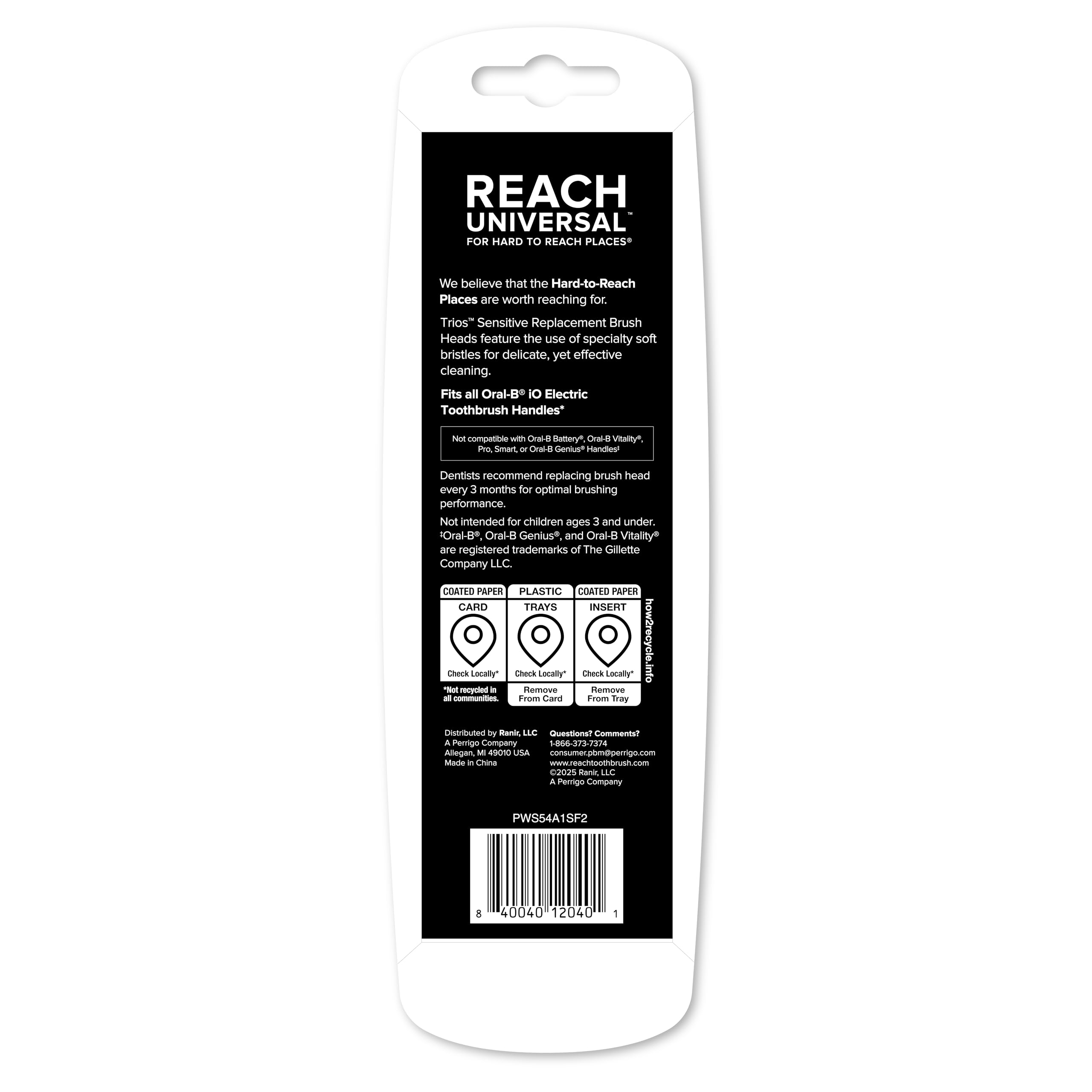 Reach Trios Sensitive replacement brush heads for Oral-B iO electric toothbrush, designed for gentle, effective cleaning.