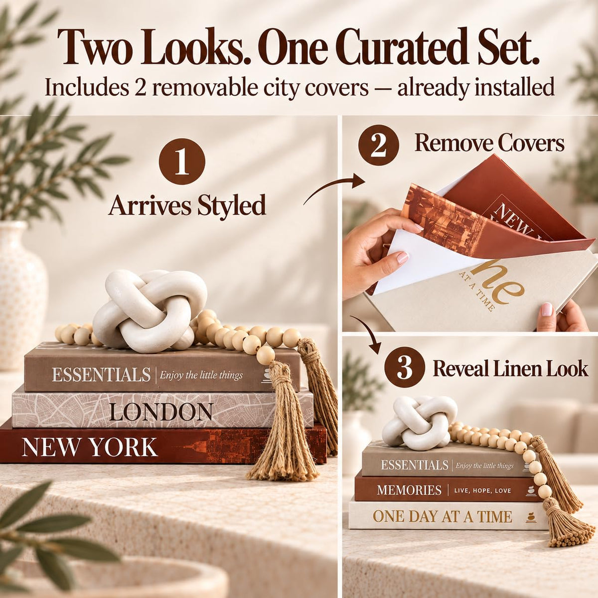 JULZEN 5Pcs Set: 3 Linen Decorative Books for Home Decor, Wood Knot & Bead Garland – close-up detail in Beige-Brown
