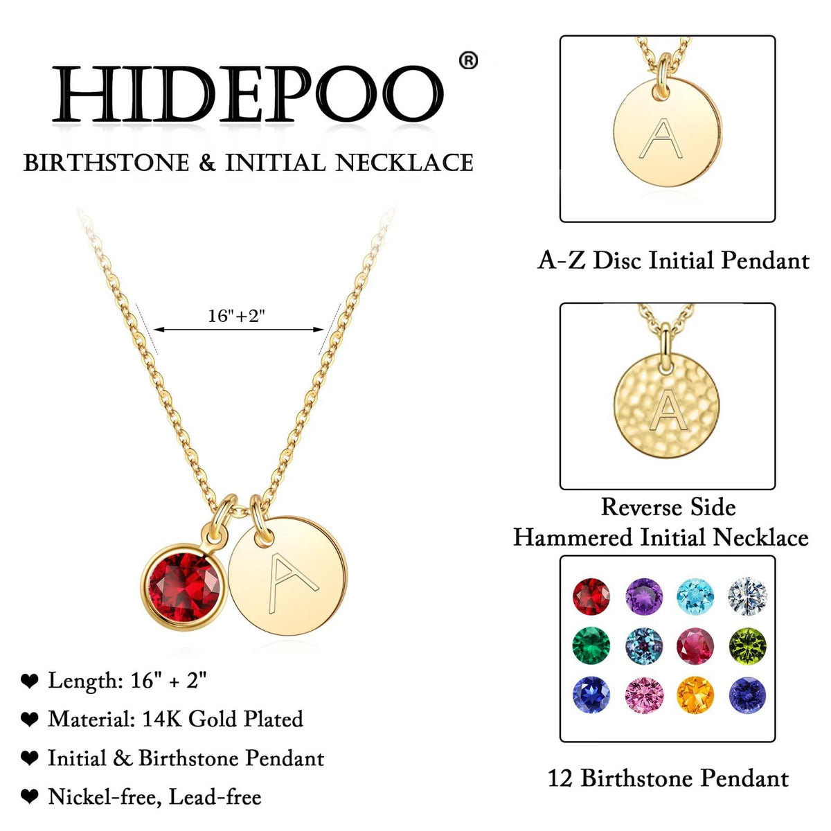 Hidepoo Initial Birthstone Necklace for Girls Women - Personalized Gifts – back view and specifications