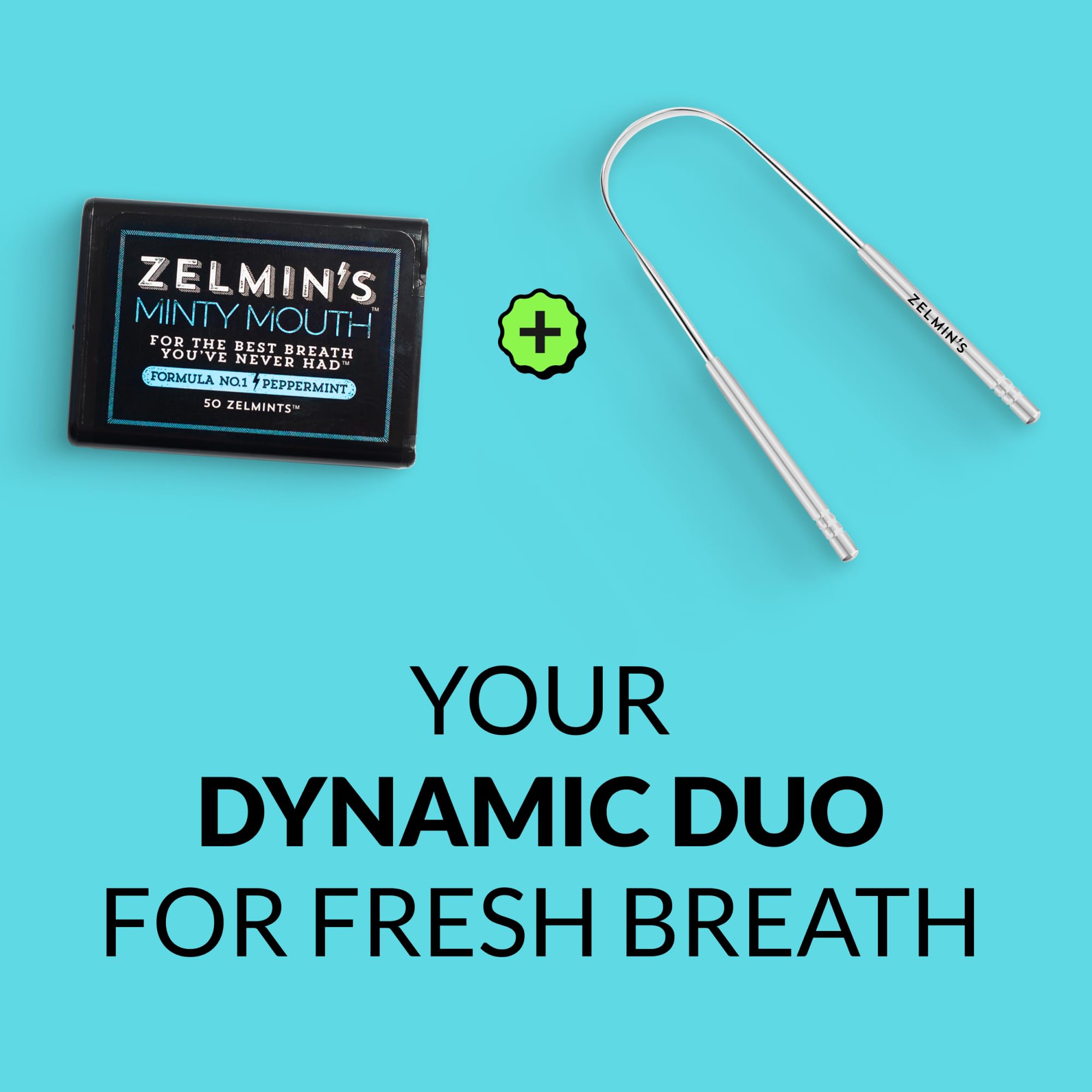 Zelmin's tongue scraper and breath freshening kit with stainless steel scraper and mint-flavored mouth spray on a white background