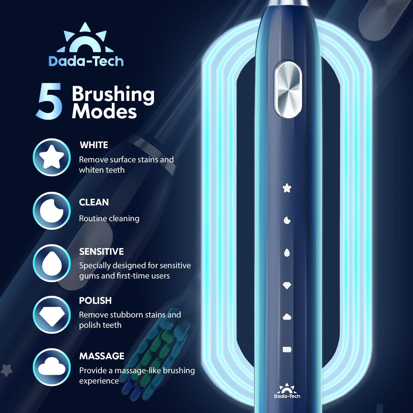 DADA-TECH Sonic Electric Toothbrush with 9 replacement heads and 5 brushing modes, shown with brush heads attached and display screen.