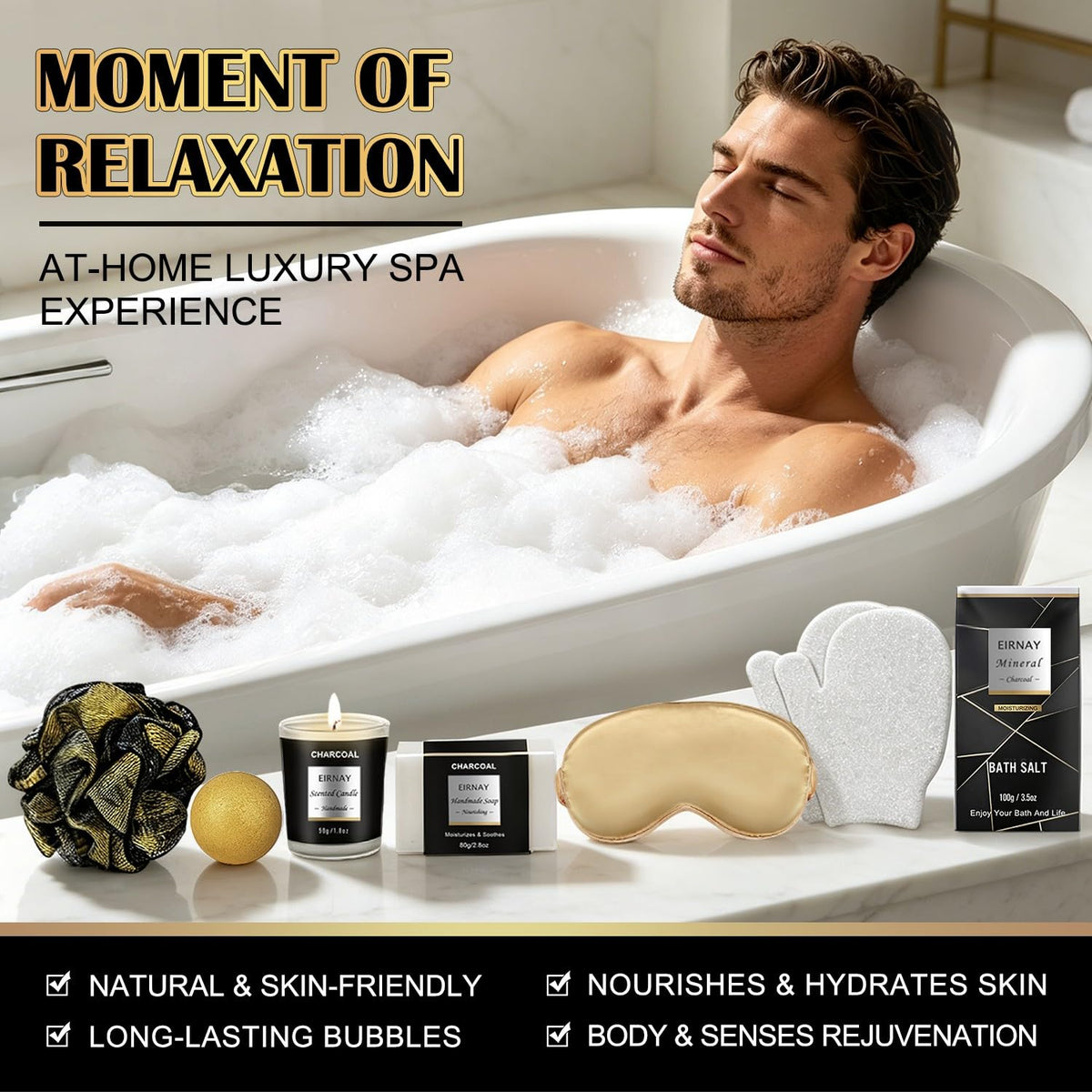 EIRNAY Gifts for Men, 21PCS Spa Gift Basket Set for Men, Charcoal Skin Care Set – back view and specifications