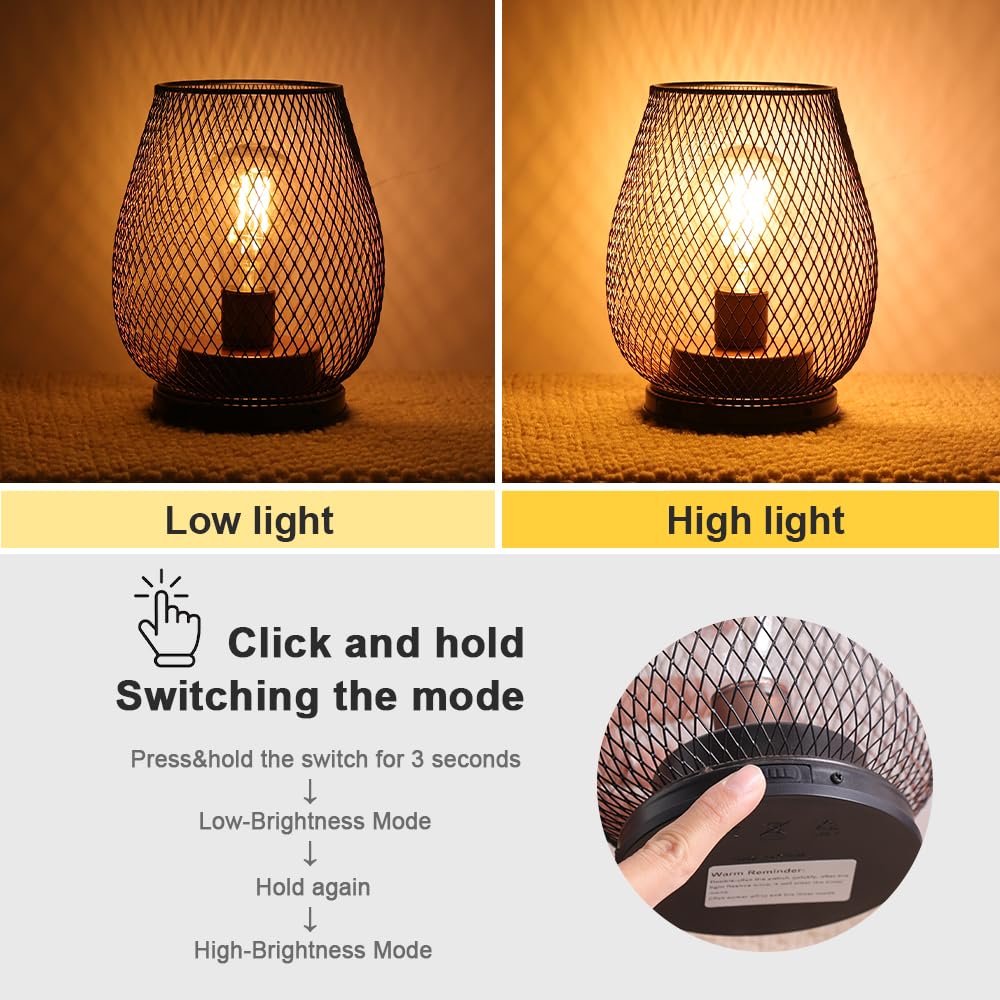 DECORKEY Set of 2 Rechargeable Lamp LED Table Lantern, Brown Metal Cage Cordless Lamps with LED Bulb，Vintage Decorative 