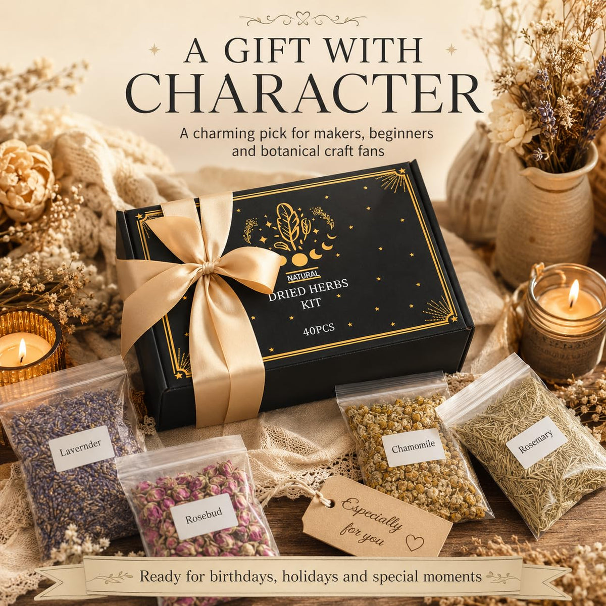 DreamdaMoonnly Witchcraft Herbs Kit, Dried Herbs and Flowers for Witch Beginners, 40 Pack – back view and specifications