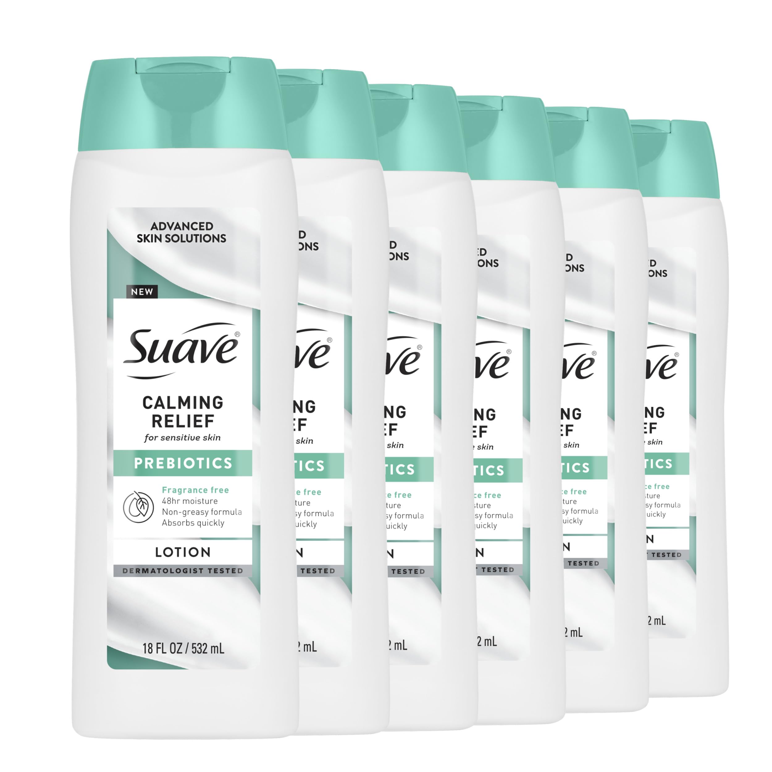 Suave calming relief hand and body moisturizer in an 18 fl oz bottle, shown in a 6-pack for soothing skin care.