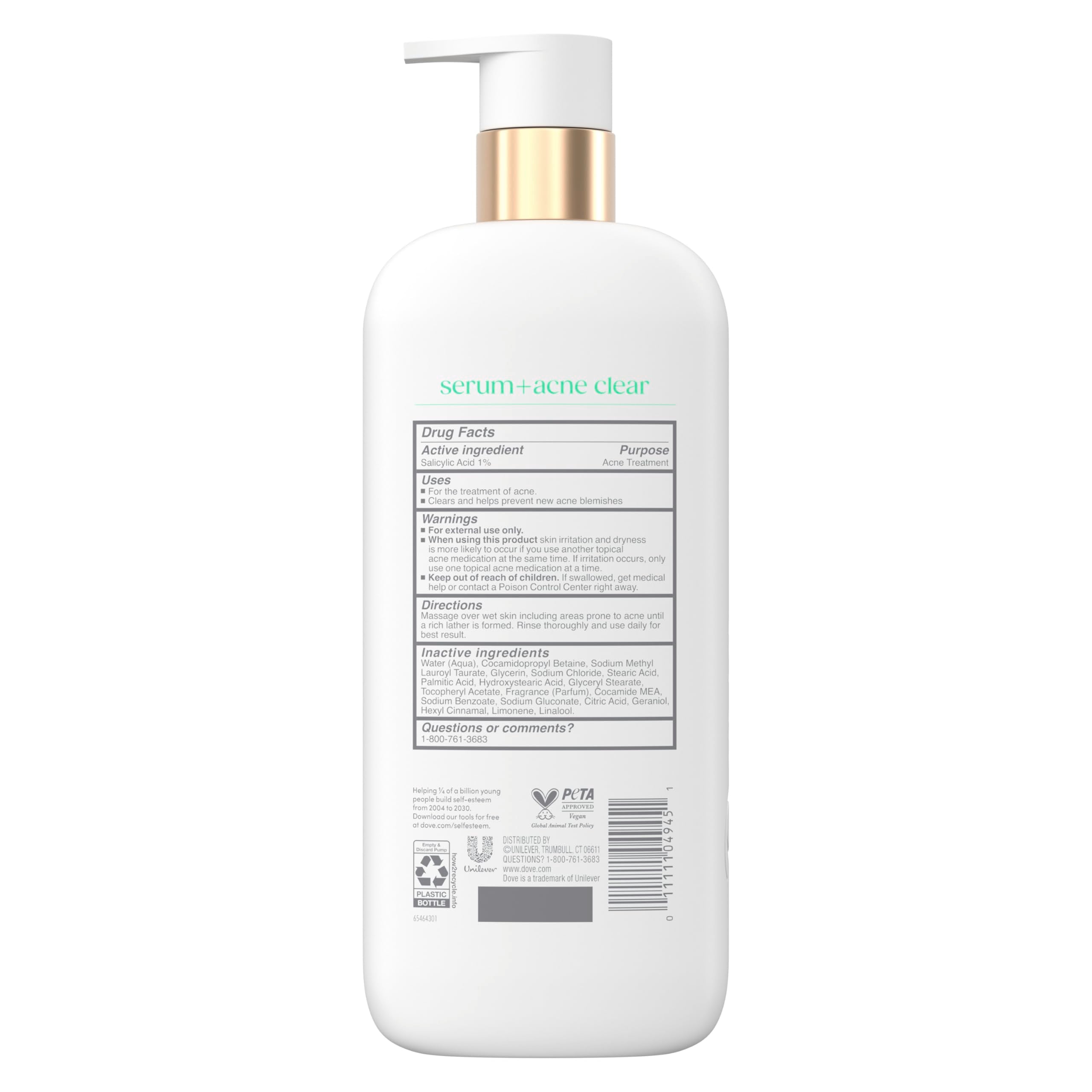 Dove Acne Clear Serum Body Wash with Salicylic Acid, 18.5 oz, showing the bottle with label and product details