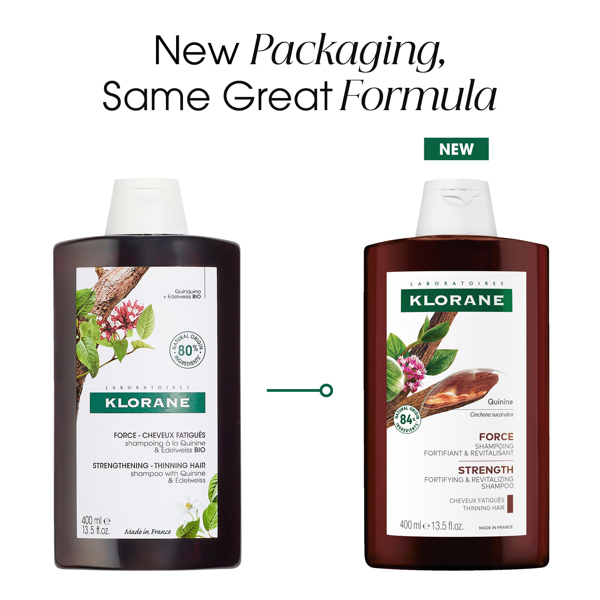 Klorane Quinine Thickening Shampoo for hair loss, 13.5 oz, in a clear bottle with purple and white label, showing the shampoo's texture.