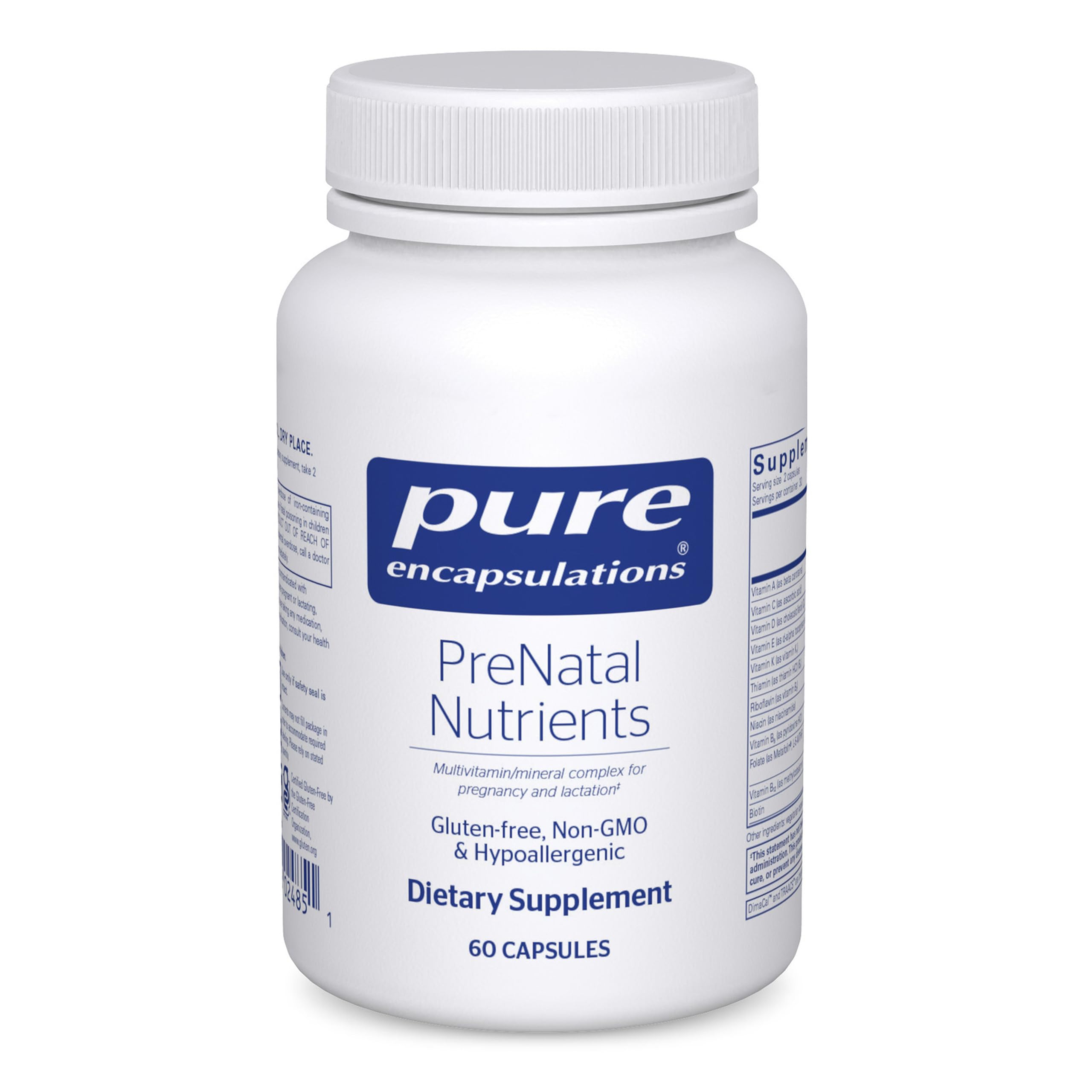 Pure Encapsulations PreNatal Nutrients bottle with 60 capsules, dietary supplement for prenatal health and nutrition.