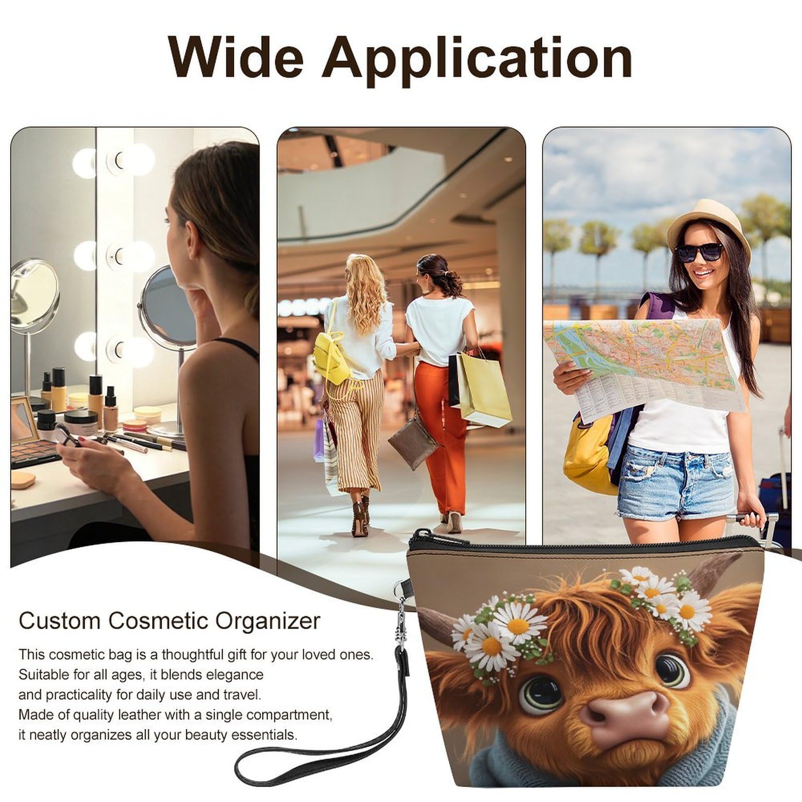 Qfsdijnig Cute Cow With Flowers And Scarf Makeup Bag for Women – Large Cosmetic Travel Pouch with Wrist Strap & Zipper, Soft Toiletry Organizer for Purse, Gym, Vacation – Gift for Her