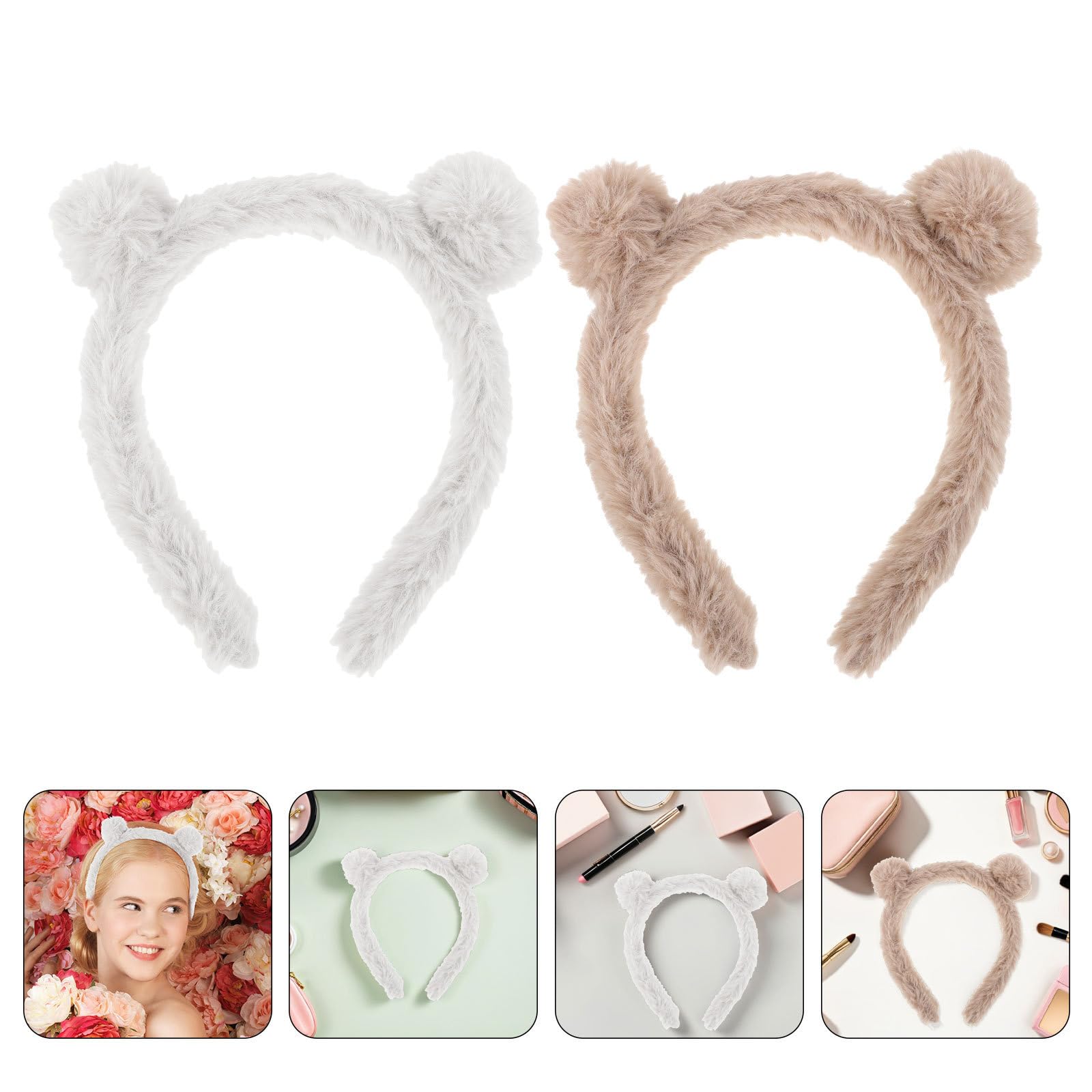 Yardwe Plush Bear Ears Headband Cute Fluffy Hairband 2pcs for Women