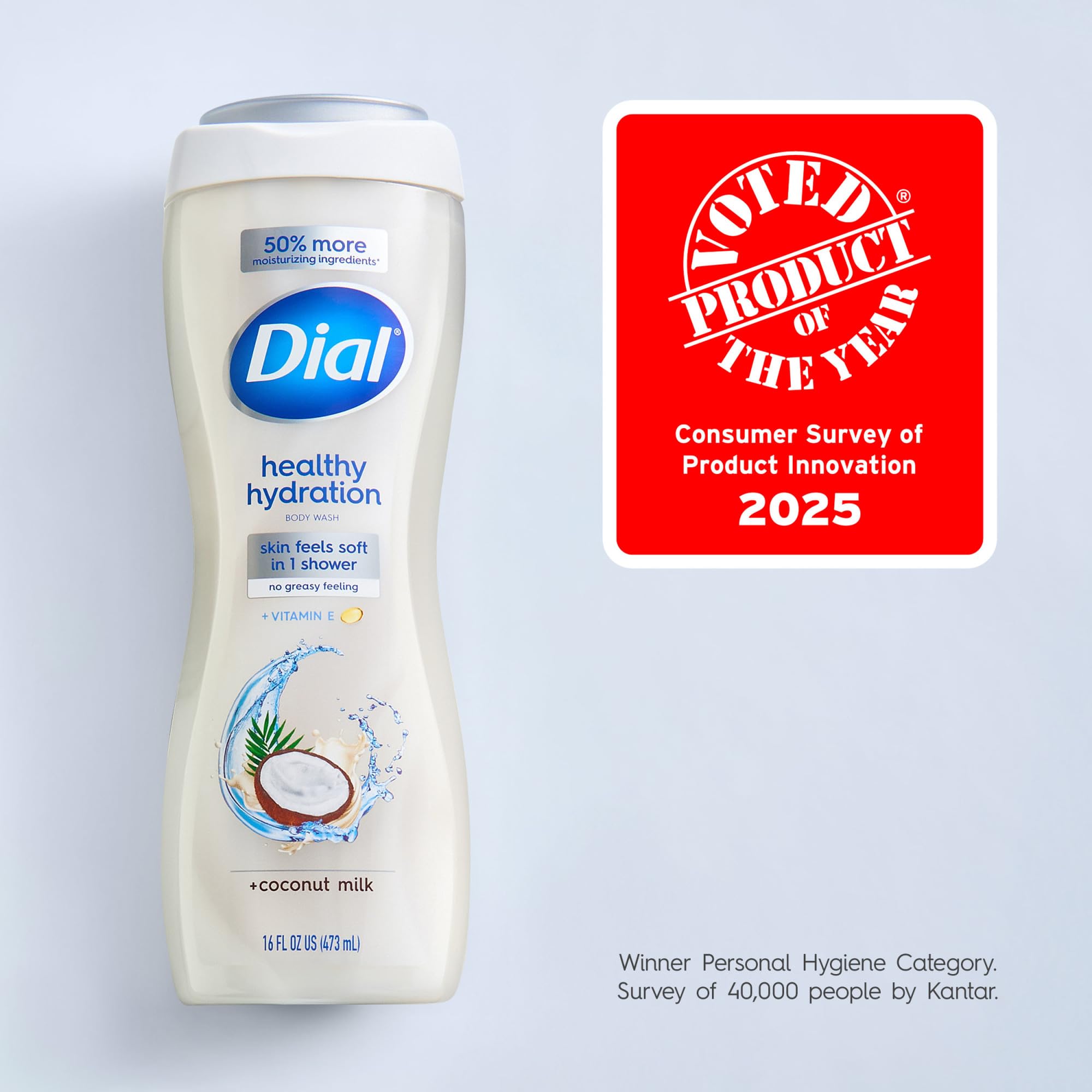 Dial Healthy Hydration Body Wash with coconut milk and vitamin E in a 16 fl oz bottle, displayed in a 4-pack.