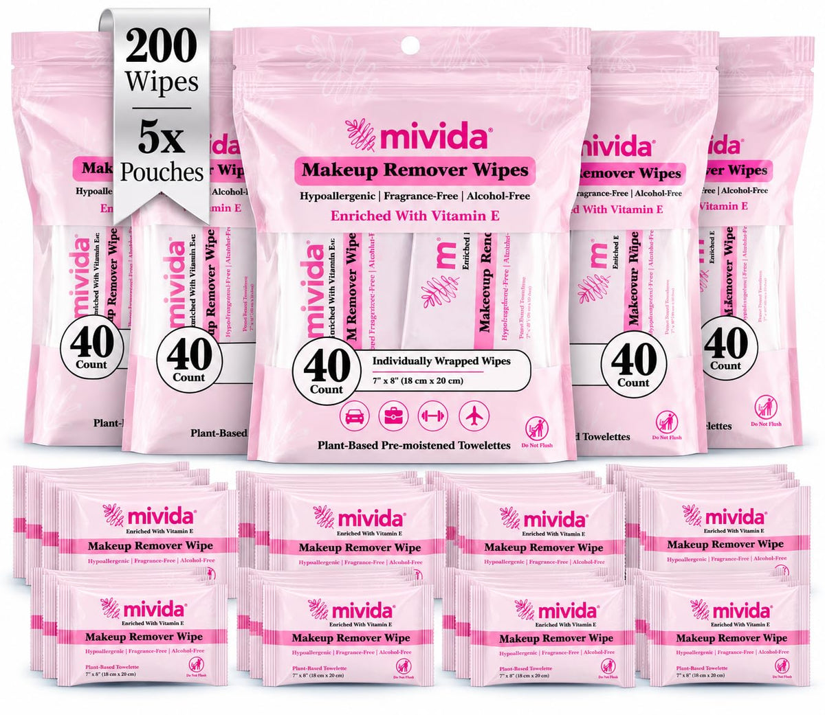 mivida 200ct, 5PacksX40ct Makeup Wipes Individually Wrapped with Vit E | Dermatologist Tested | Bulk Eye & Face Wipes, S