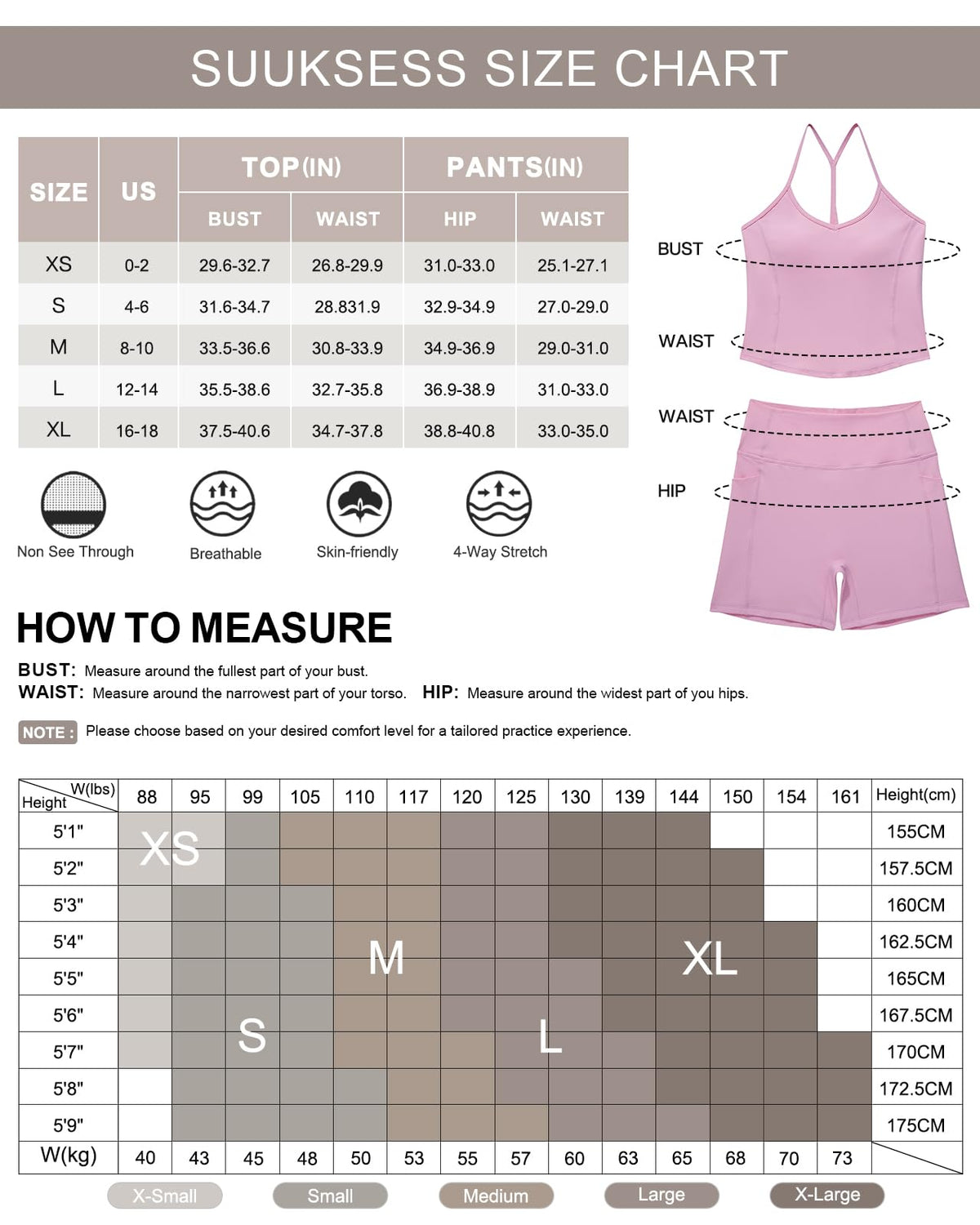 SUUKSESS Women Sexy Workout Sets Padded Sports Bra High Waisted Shorts Outfits – 80%Nylon + 20%Elastane, US Size Bust (i