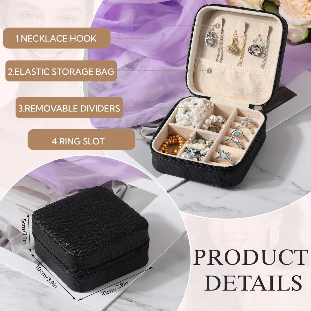VZZNN 36 Pack Travel Jewelry Case, Small Travel Jewelry Organizer Box with Mirror, PU Leather Mini Jewelry Storage Holde