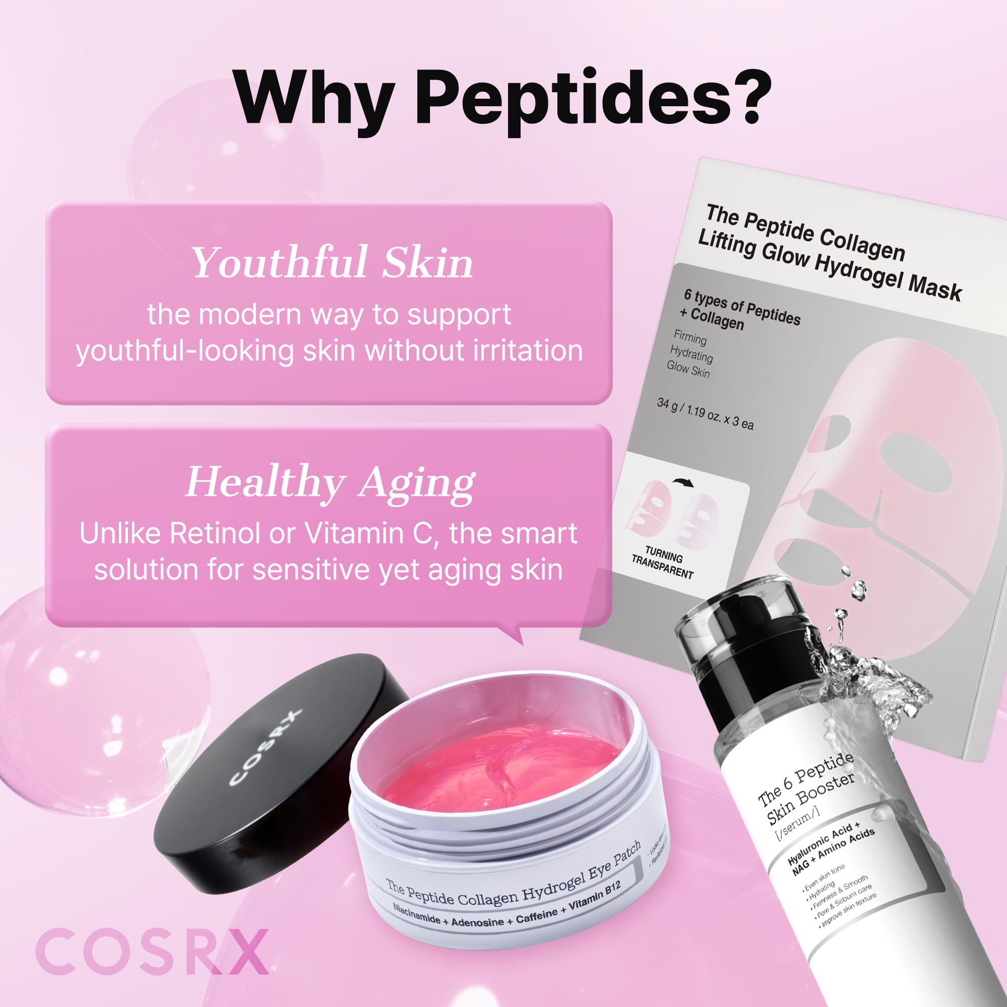 COSRX 6X Peptide Collagen Booster Toner Serum in a 5.07 oz bottle, featuring a clear liquid serum with a pump dispenser.
