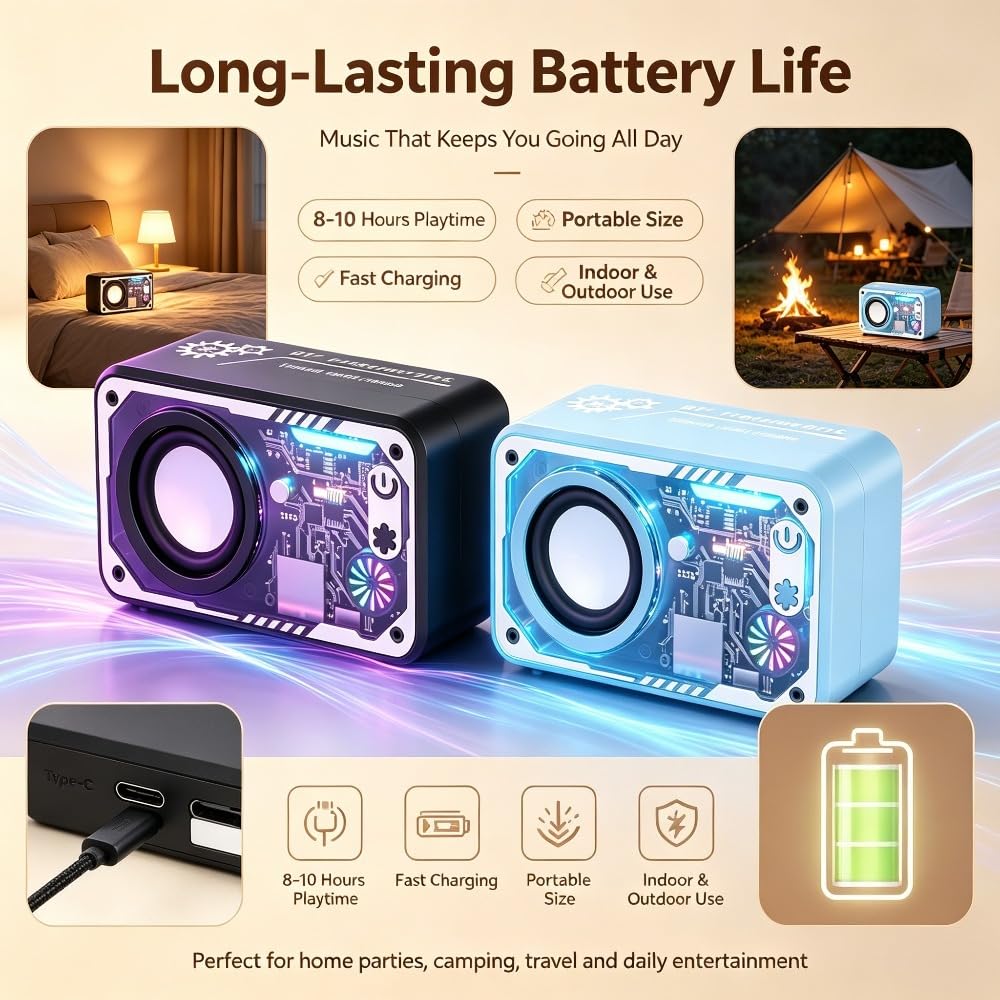 2pcs Portable Wireless Speaker with Glitter LED Light.Type-C Charging, Music Player, Birthday, Parties, Beach, Camping &