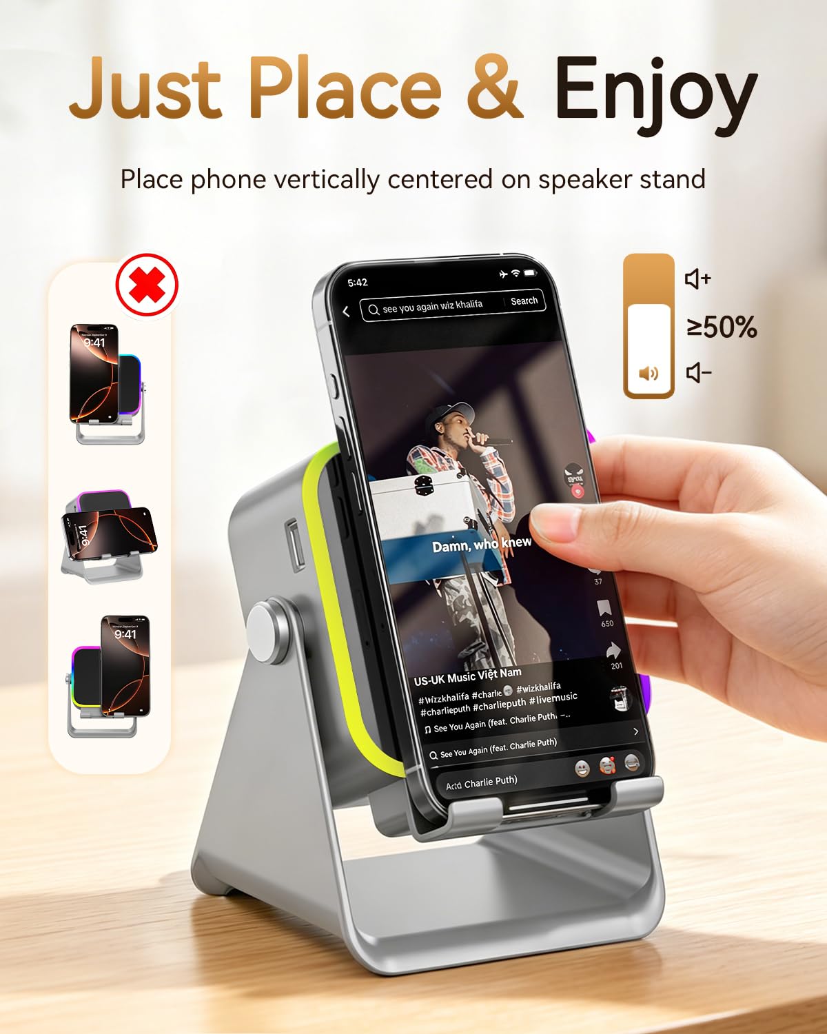 MILOUZ Gifts for Men Tech Gadgets Wireless Induction Speaker with Phone Stand – alternate angle
