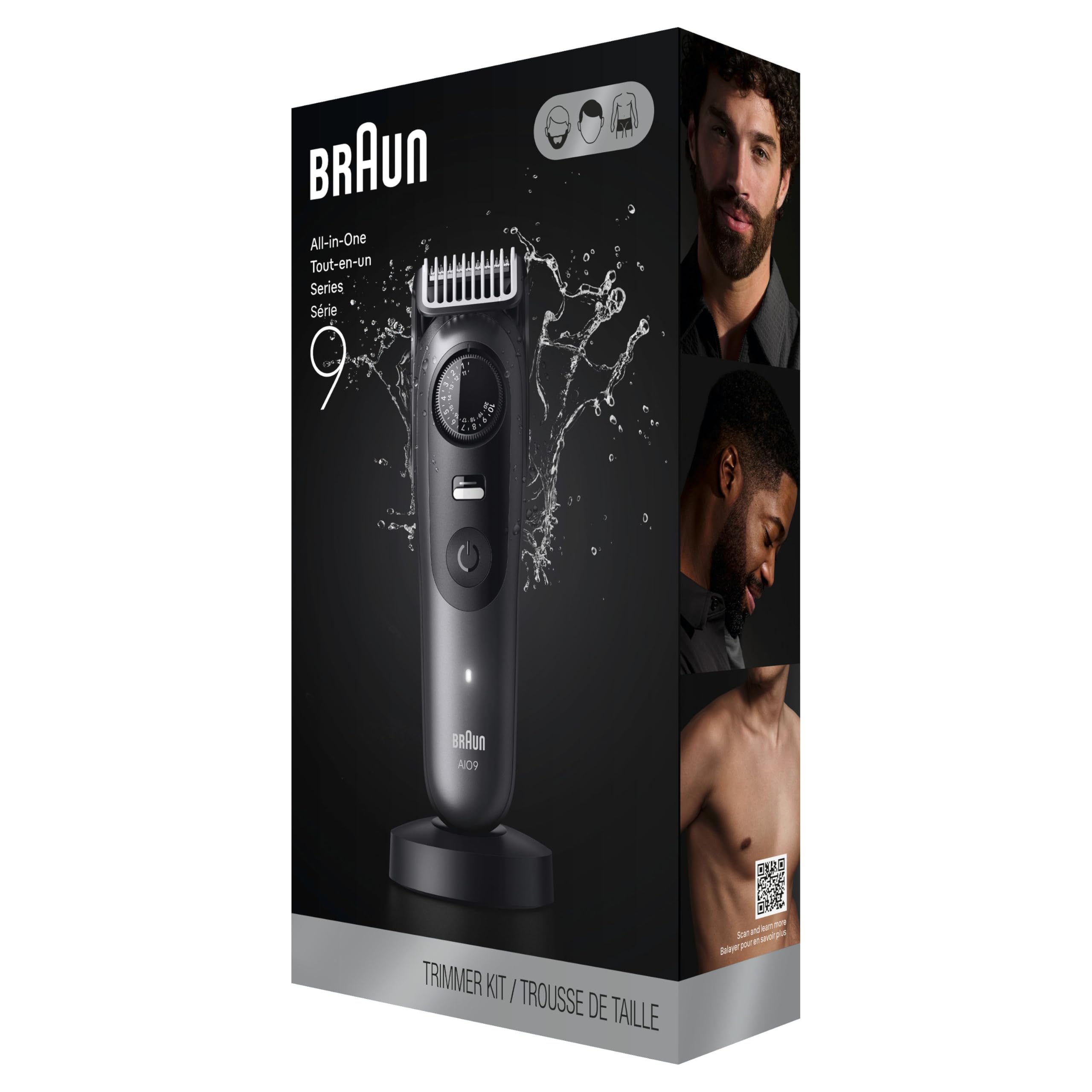 Braun All-in-One Series 9 men's electric beard trimmer, hair clipper, shaver, and razor with Gillette Labs razor attachment.