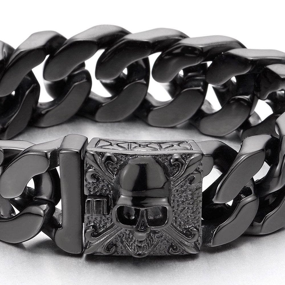 COOLSTEELANDBEYOND Mens Large Vintage Brushed Finishing Steel Curb Chain Bracelet with Fleur De Lis and Skull – close-up