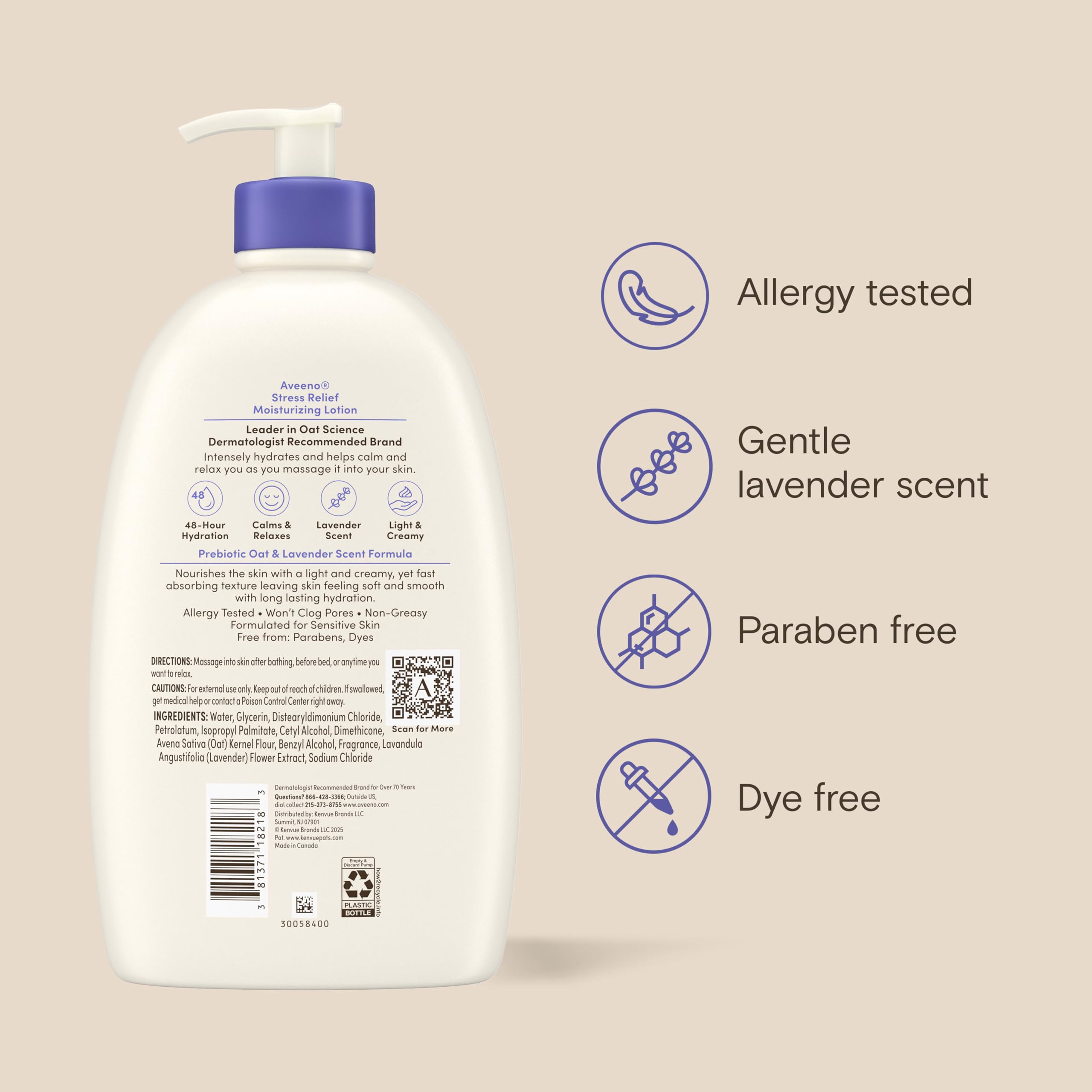 Aveeno Stress Relief Lavender Body Wash with nourishing prebiotic oat, suitable for sensitive skin, in 33 oz size.