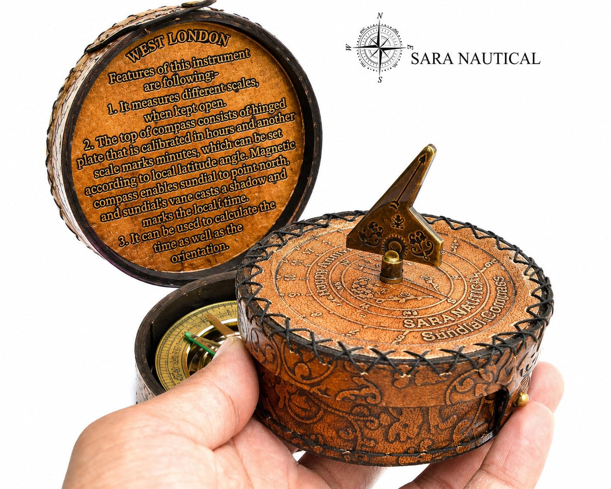 SARA NAUTICAL Antique Brass Sundial Compass, Sundial Clock in Box Gift Sun Clock Ship Replica Watch,Ship Decorations (Ne