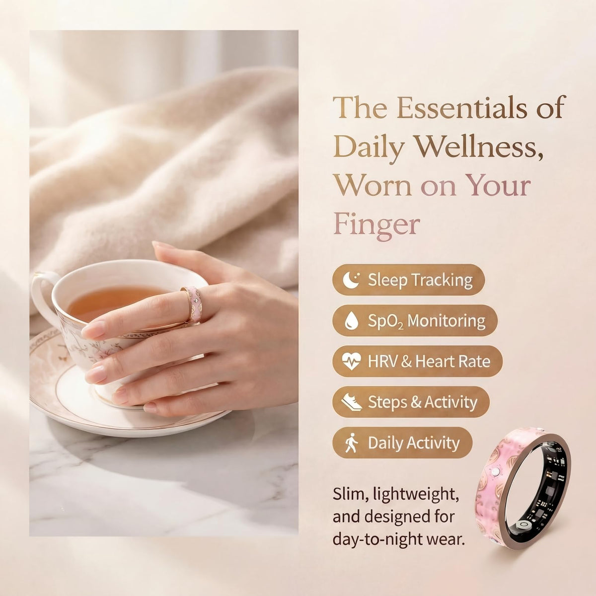 BKWAT Smart Ring for Women, Sleep Tracker and Health Ring with Heart Rate, SpO2, HRV, Multi-Sport Tracking, IP68 Waterpr