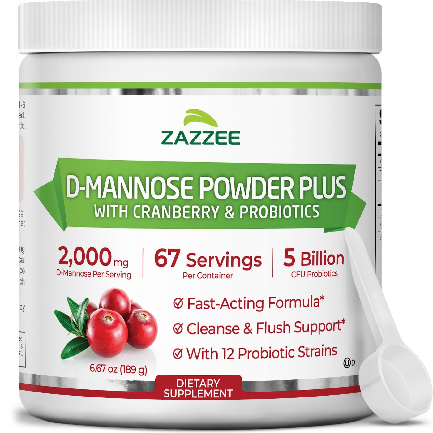 Zazzee D-Mannose Powder Plus, 2000 mg, 67 Servings, Free Scoop, Made in USA