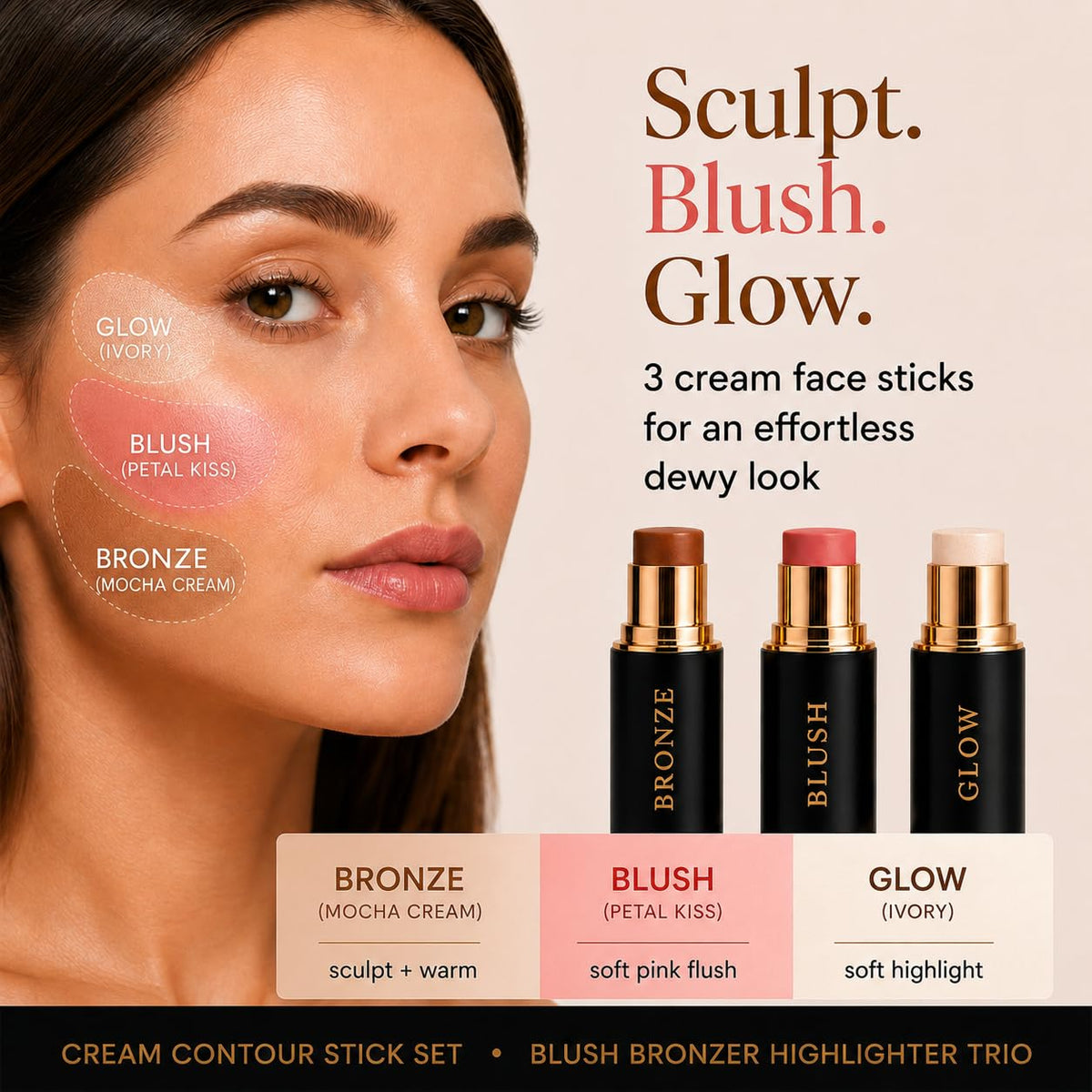 Phoenix Beauty Contour Stick Set, Blush, Bronzer & Highlighter, Twilight – close-up detail in Twilight