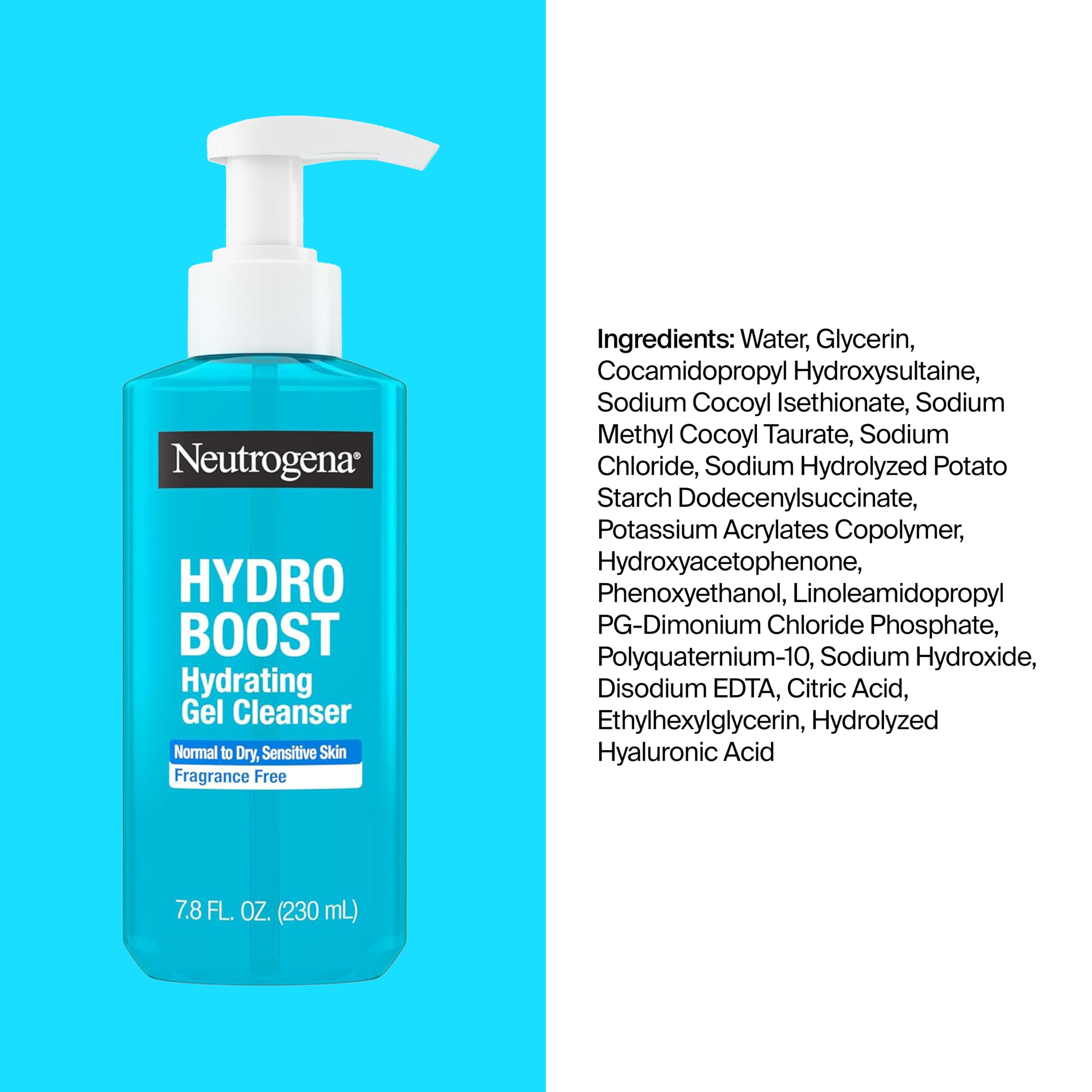 Neutrogena Hydro Boost Hydrating Gel Cleanser in a 7.8 fl. oz bottle, fragrance-free skin cleaning agent with a clear gel texture.