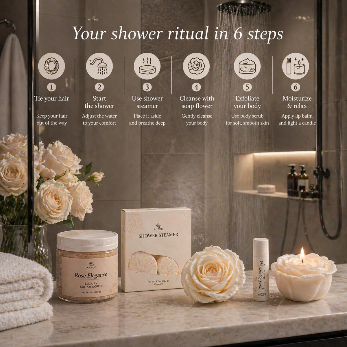 ANZUE Rose Spa Gift Set for Women – Shower Spa Gifts, Self Care Gift Basket, Candle, Body Scrub, Shower Steamers, Lip Ba