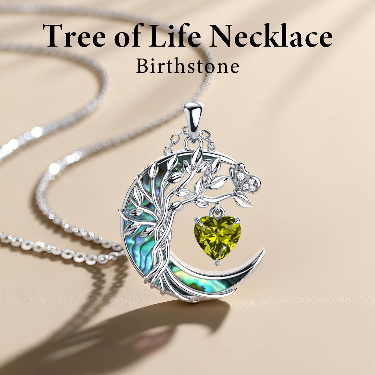 Distance Tree of Life Birthstone Necklace for Women, S925 Sterling Silver Premium Abalone Shell Moon Pendant, Heart Birt